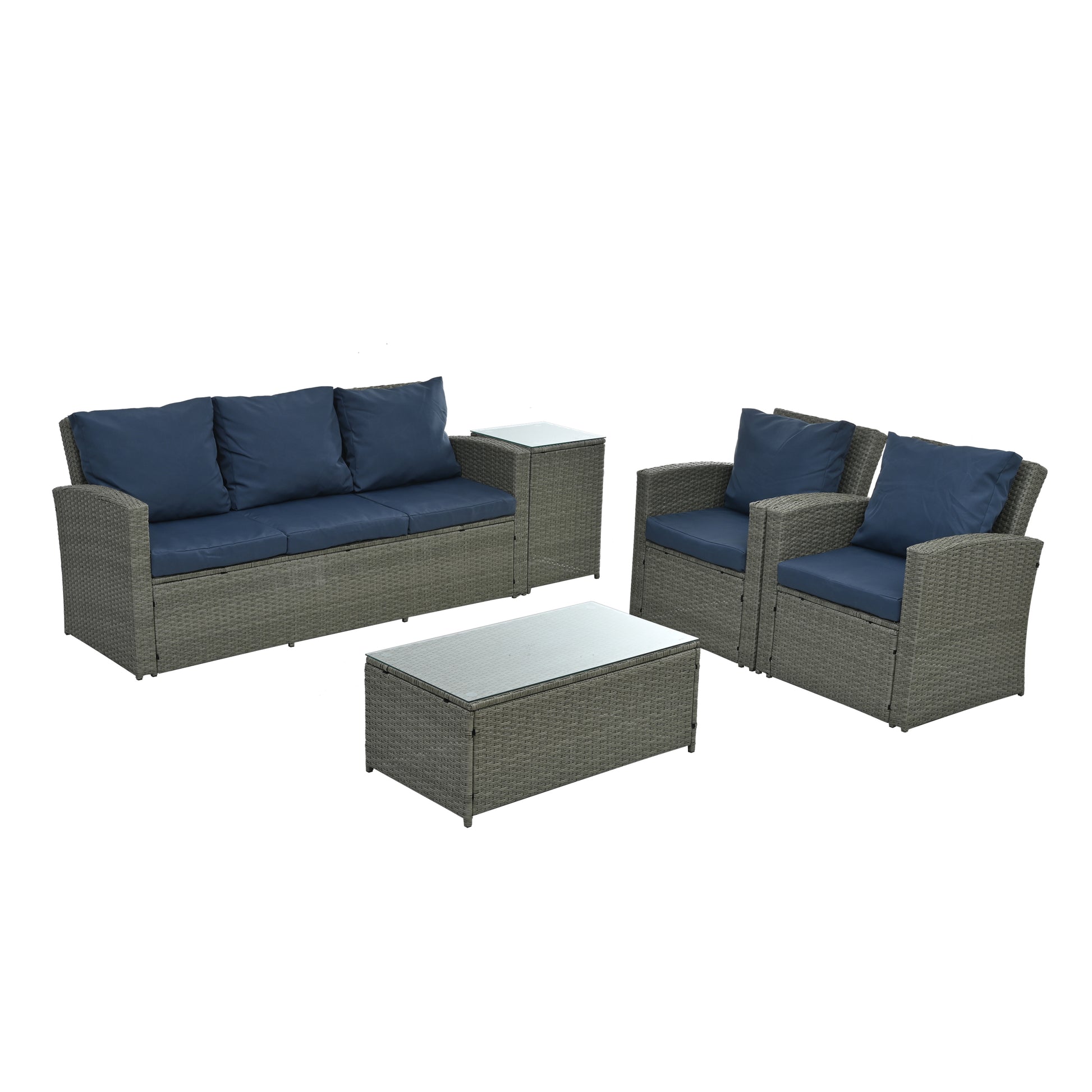 Patio Furniture, Outdoor Furniture, Seasonal Pe Wicker Furniture,5 Set Wicker Furniture With Tempered Glass Table Top Light Blue Pe Rattan Iron Waterproof Fabric
