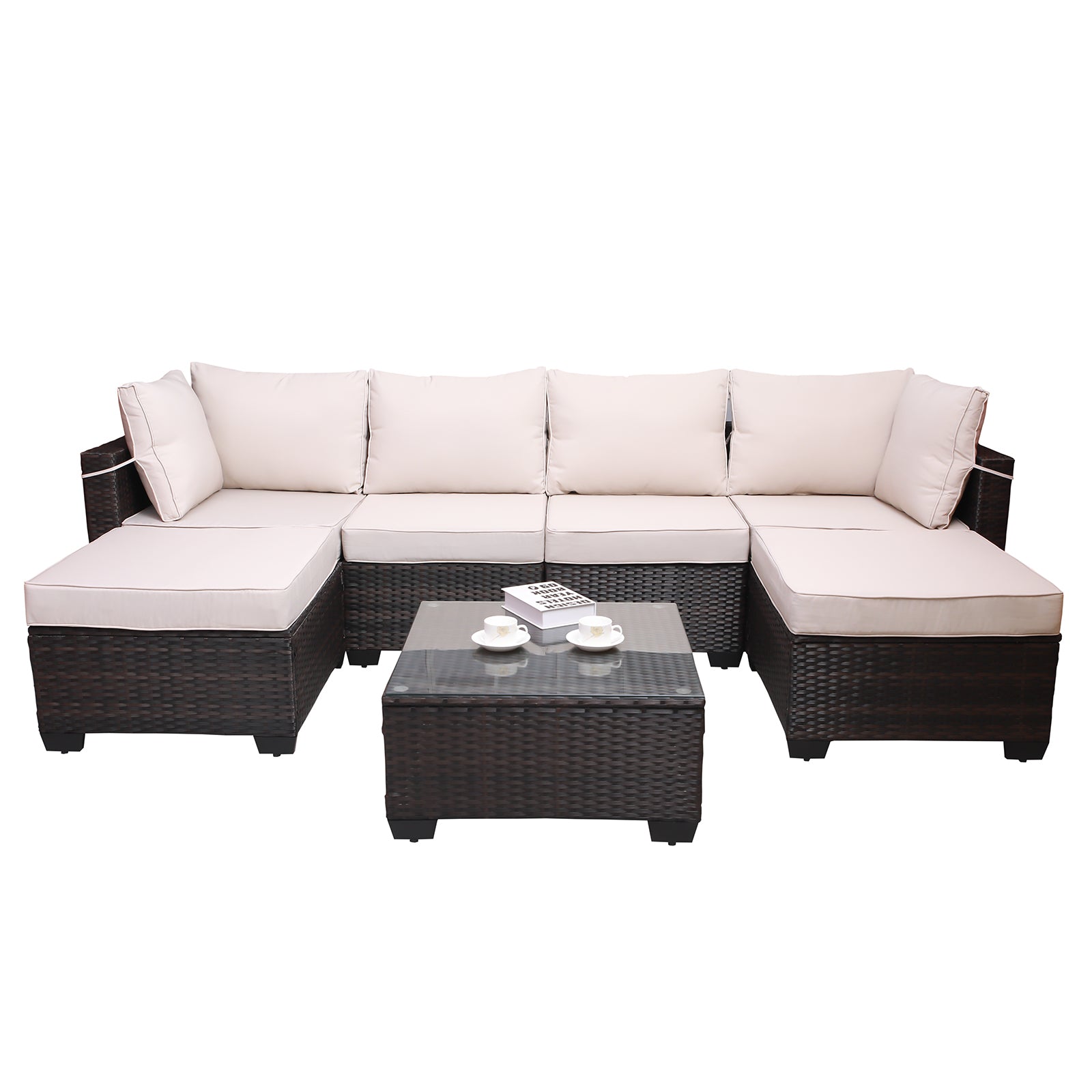Outdoor Garden Patio Furniture 7 Piece Pe Rattan Wicker Cushioned Sofa Sets And Coffee Table, Patio Furniture Set Outdoor Couch Outdoor Couch Patio Furniture Outdoor Sofa Patio Couch Yes Complete Patio Set Brown Beige Rust Resistant Frame Water Resistant