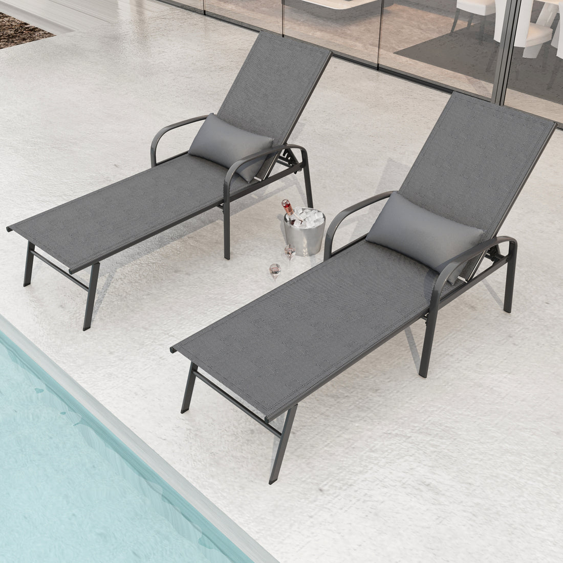 2 Pieces Set Outdoor Patio Swimming Pool Lounge Gray Color With Pillow Yes Gray Weather Resistant Frame Garden & Outdoor Foam Steel