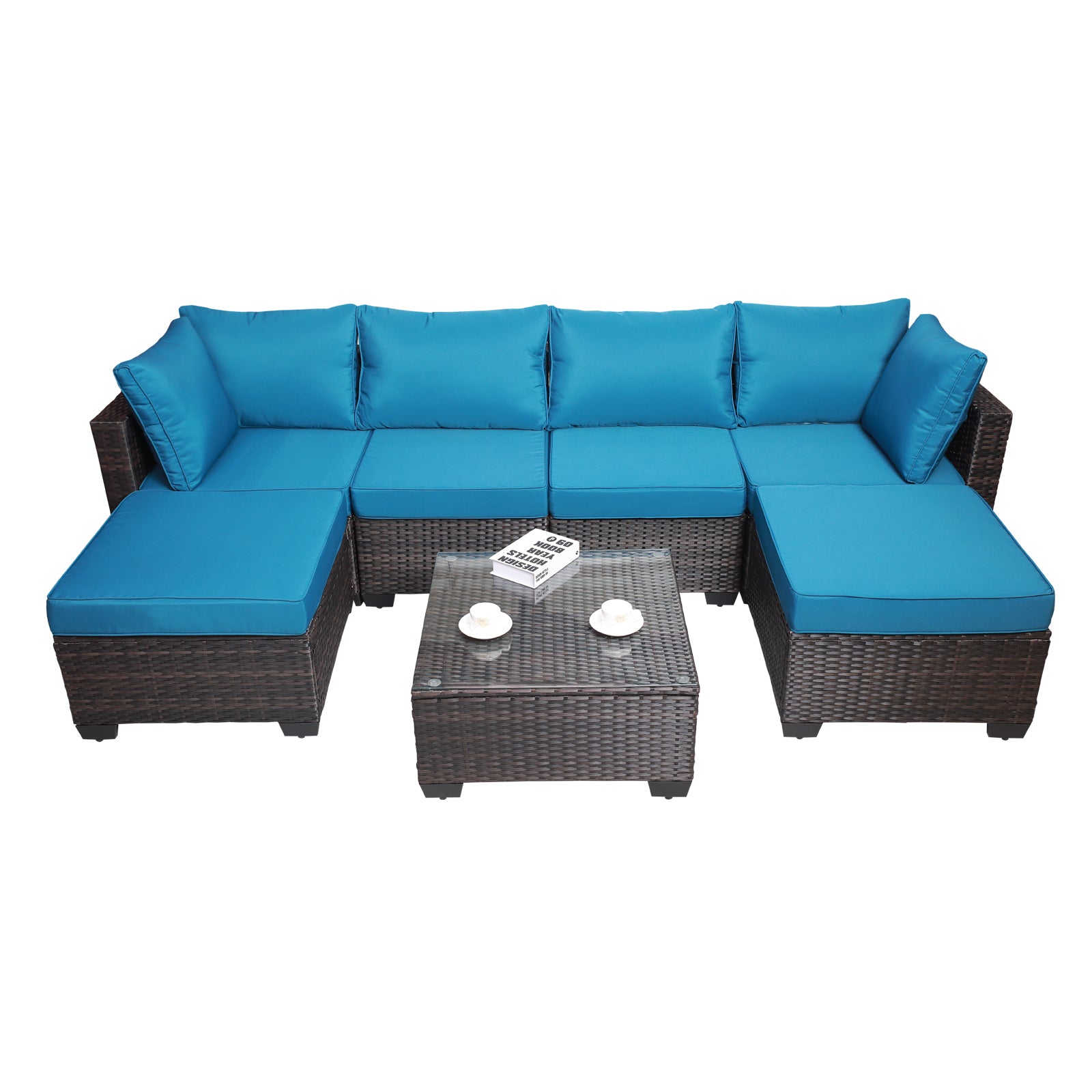 Outdoor Garden Patio Furniture 7 Piece Pe Rattan Wicker Cushioned Sofa Sets And Coffee Table, Patio Furniture Set Outdoor Couch Outdoor Couch Patio Furniture Outdoor Sofa Patio Couch Yes Complete Patio Set Brown Blue Rust Resistant Frame Water Resistant