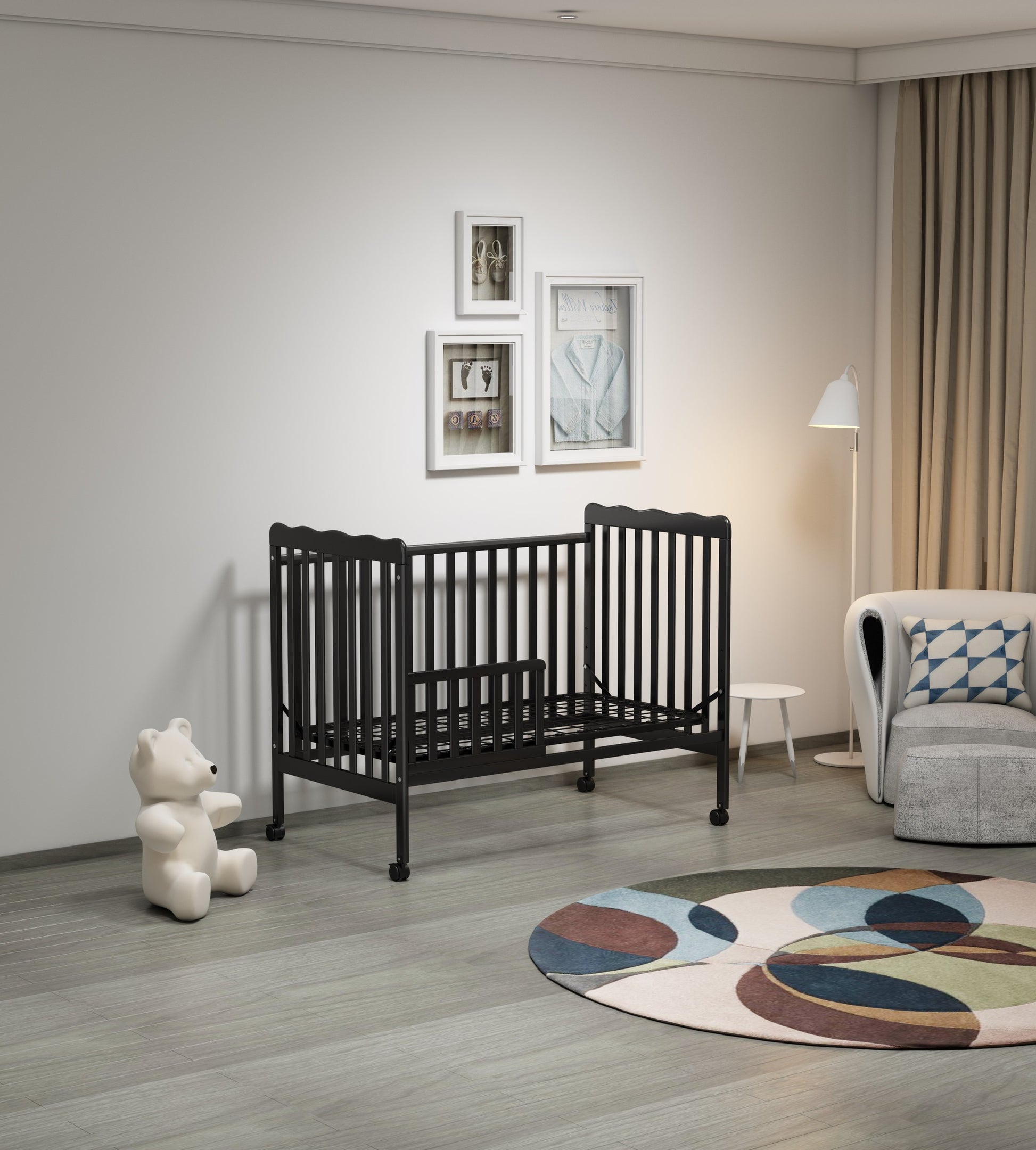 3 In 1 Convertible Crib In Storm Black, Made Of Sustainable Pinewood, Non Toxic Finish, Comes With Locking Wheels, Wooden Nursery Furniture Black Wood