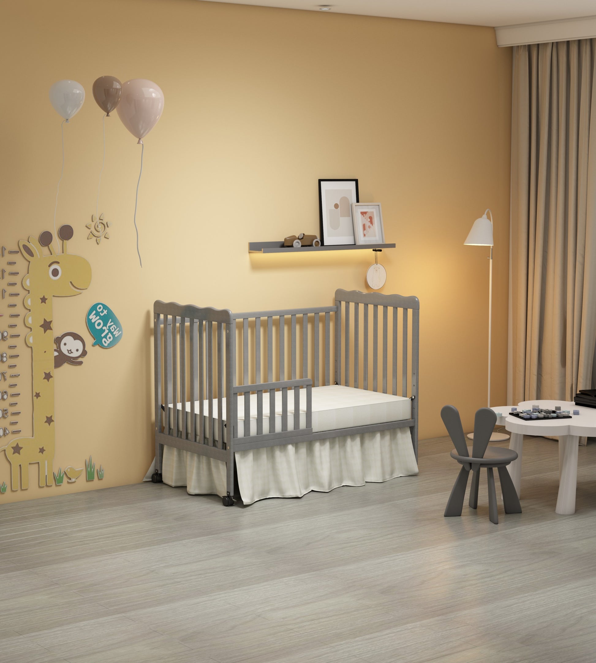 3 In 1 Convertible Crib In Storm Grey, Made Of Sustainable Pinewood, Non Toxic Finish, Comes With Locking Wheels, Wooden Nursery Furniture Stone Gray Wood