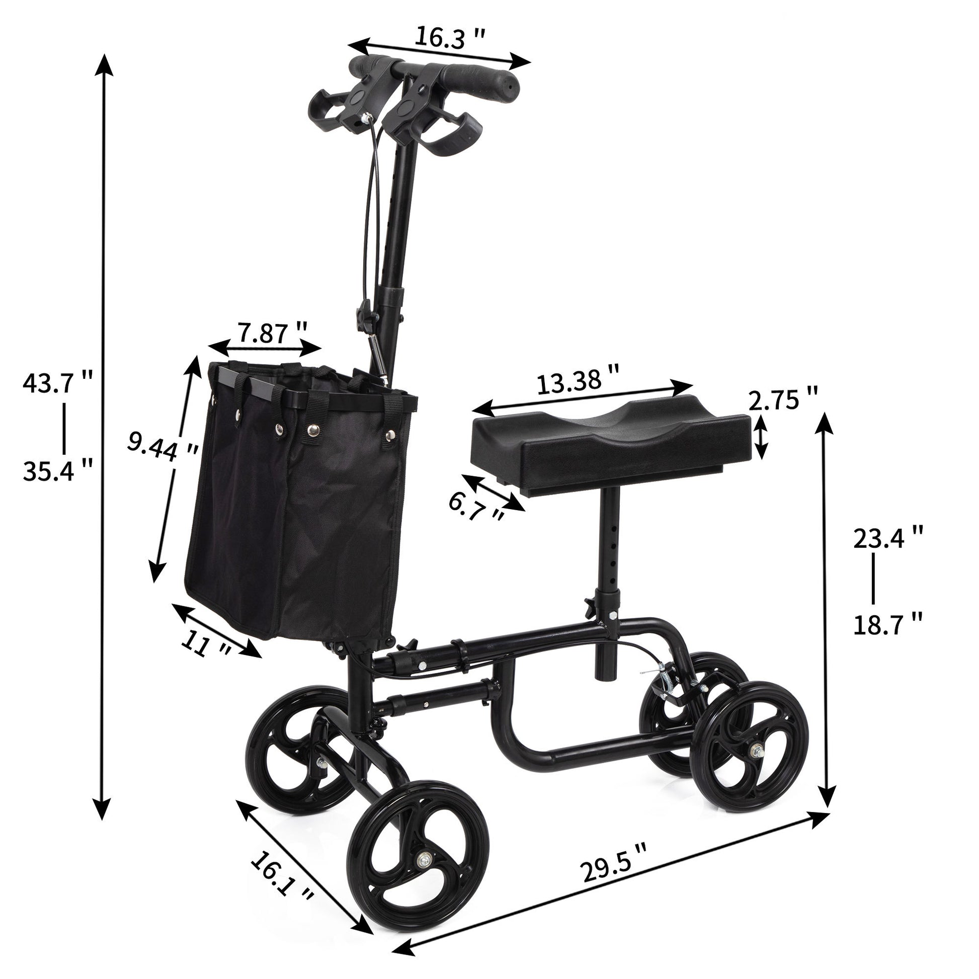 Folding Knee Scooter, Steerable Leg Walker With Bag And Dual Braking System, Crutch Alternative For Foot Injuries Ankles Surgery, Black Black Metal