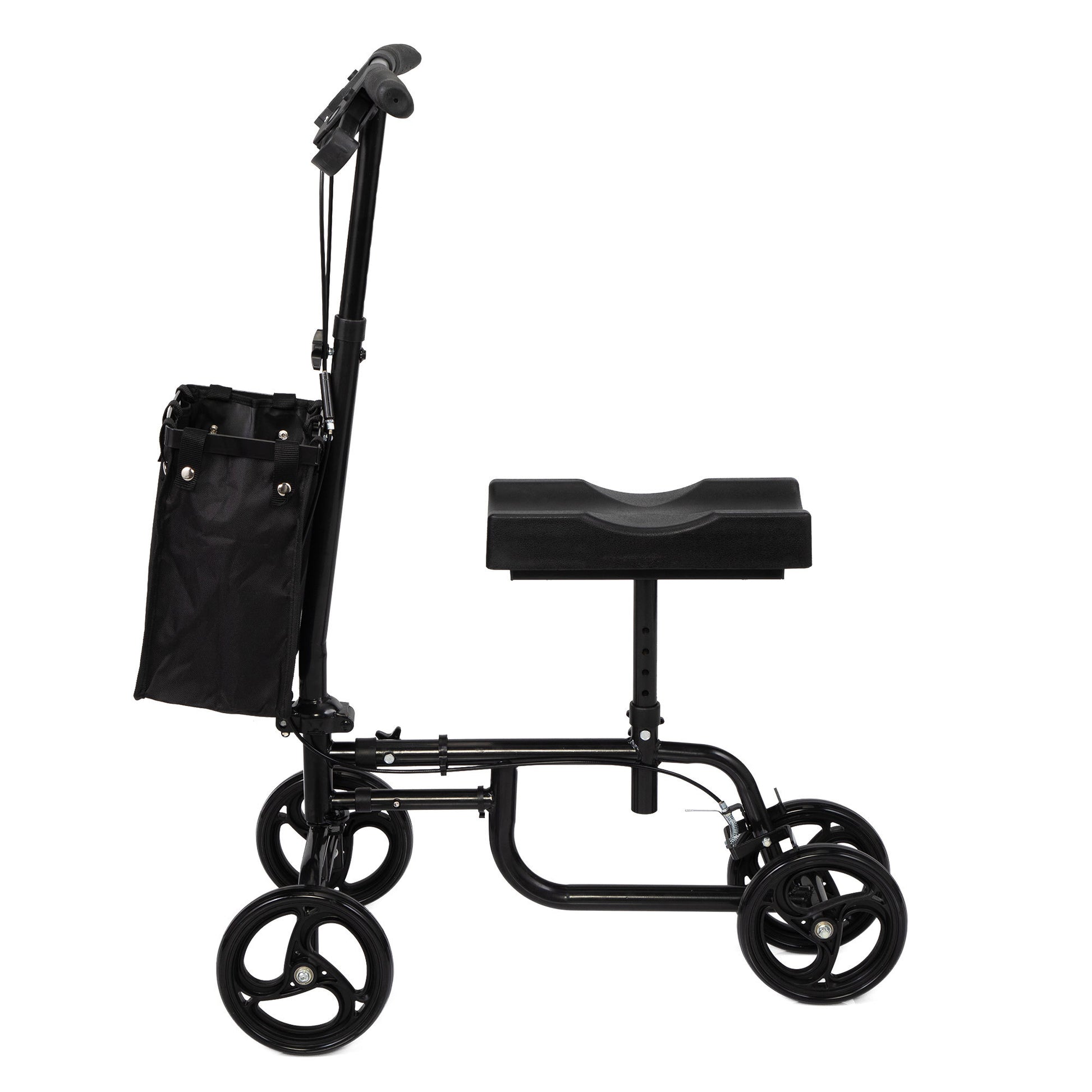 Folding Knee Scooter, Steerable Leg Walker With Bag And Dual Braking System, Crutch Alternative For Foot Injuries Ankles Surgery, Black Black Metal