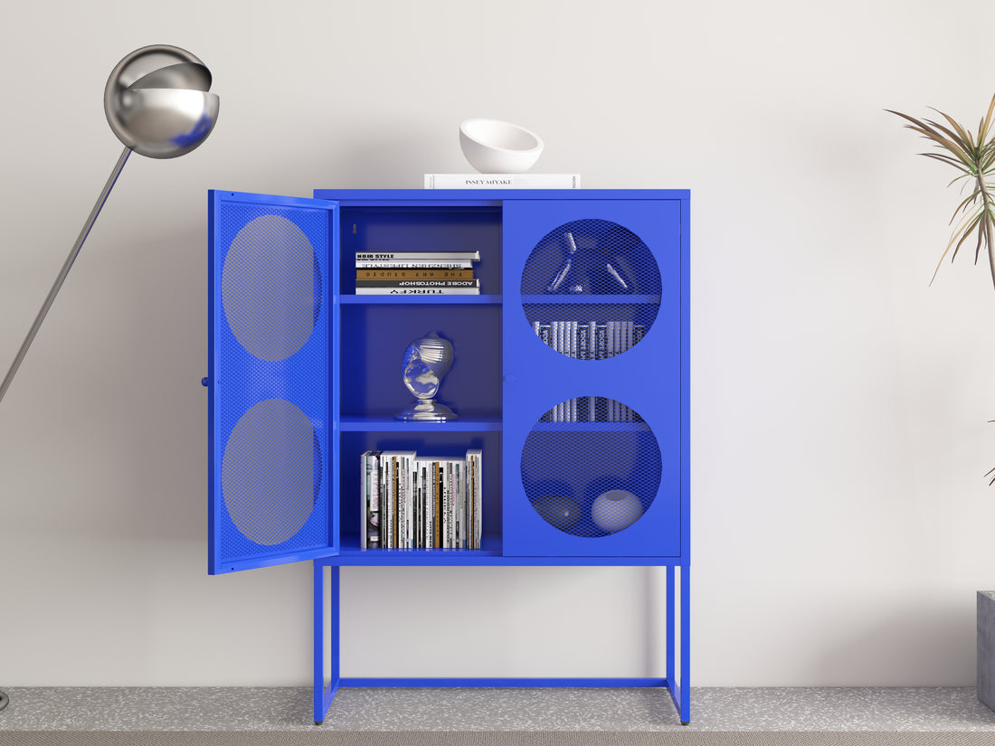 Blue Storage Cabinet With Doors, Modern Blue Accent Cabinet, Free Standing Cabinet, Buffet Sideboards For Bedroom, Kitchen,Home Office Blue Steel