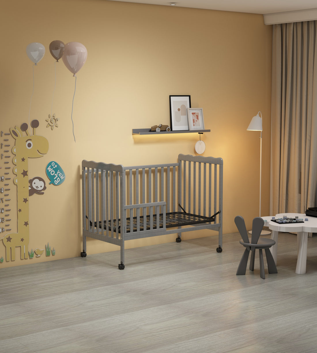 3 In 1 Convertible Crib In Storm Grey, Made Of Sustainable Pinewood, Non Toxic Finish, Comes With Locking Wheels, Wooden Nursery Furniture Stone Gray Wood