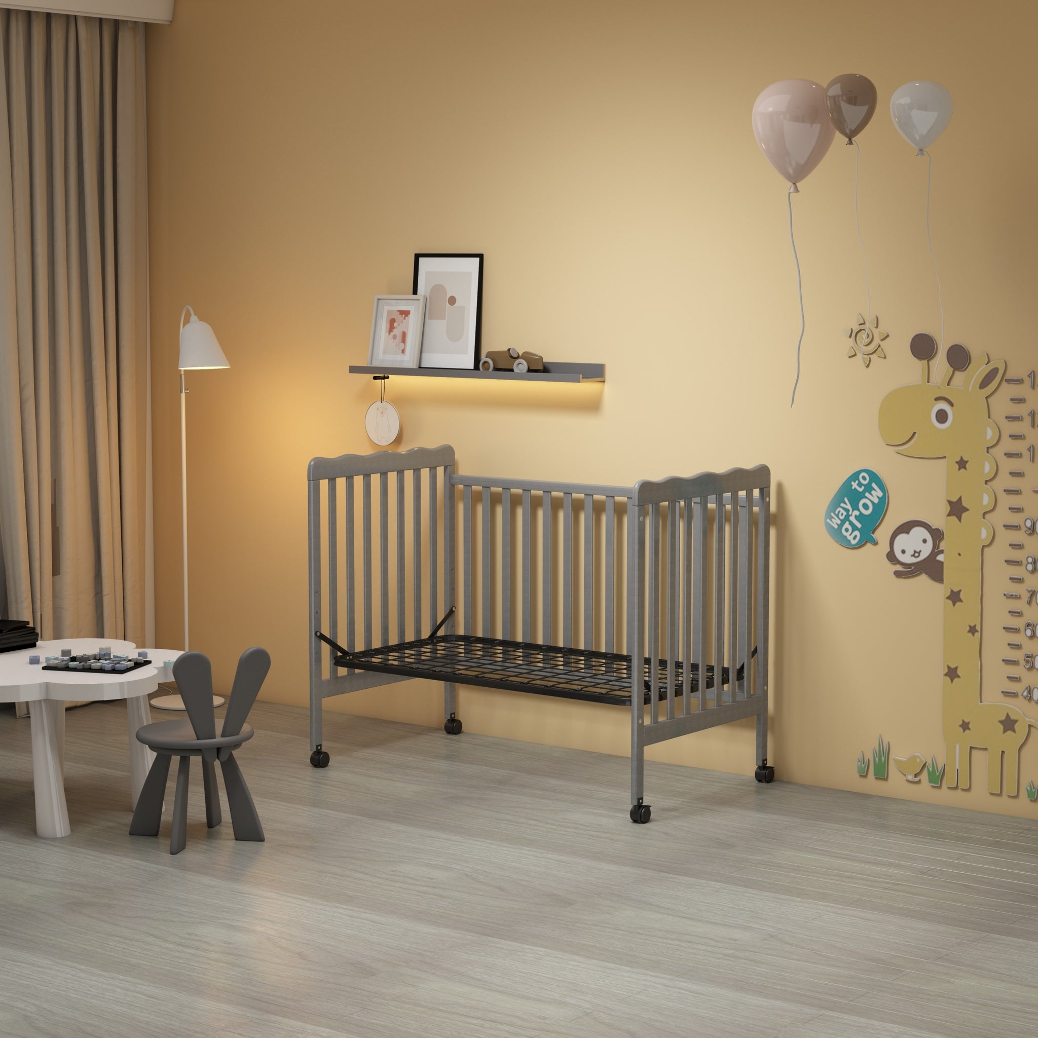 3 In 1 Convertible Crib In Storm Grey, Made Of Sustainable Pinewood, Non Toxic Finish, Comes With Locking Wheels, Wooden Nursery Furniture Stone Gray Wood