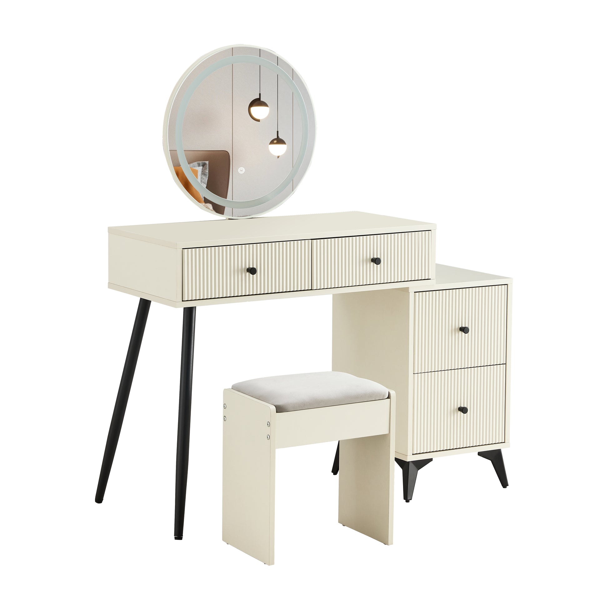 Fluted Makeup Vanity Desk With Round Led Mirror And Lights, Modern Glass Top Big Vanity Table With 4 Drawers & Adjustable Shelves, Dressing Table Set With Stools Table With Movable Side Table Milk White 4 Drawers Mdf