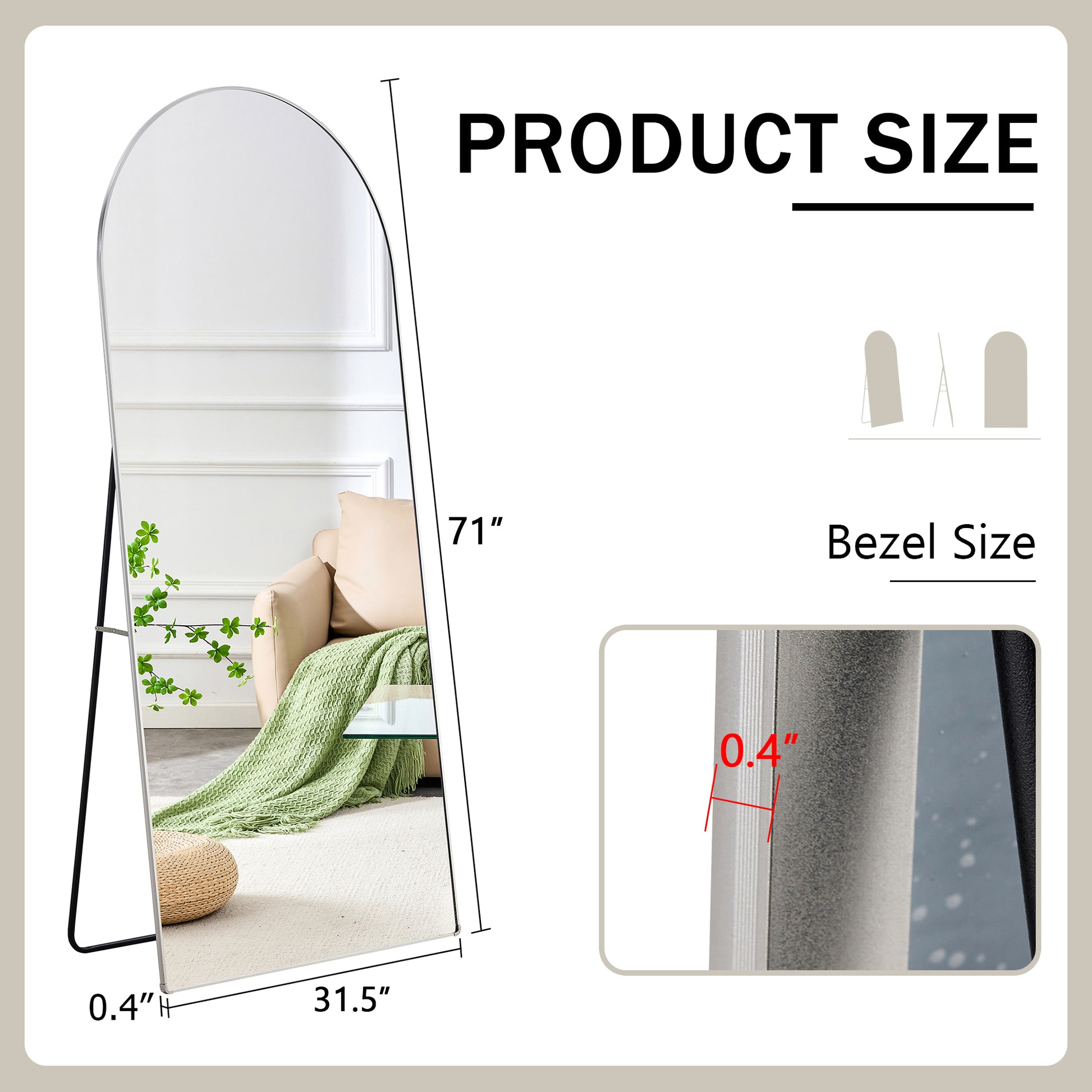 The 4Th Generation Floor Standing Full Length Rearview Mirror. Aluminum Alloy Metal Frame Arched Wall Mirror, Bathroom Makeup Mirror, Floor Standing Mirror With Bracket. Silver 71 "* 31"Am Sr Silver Glass