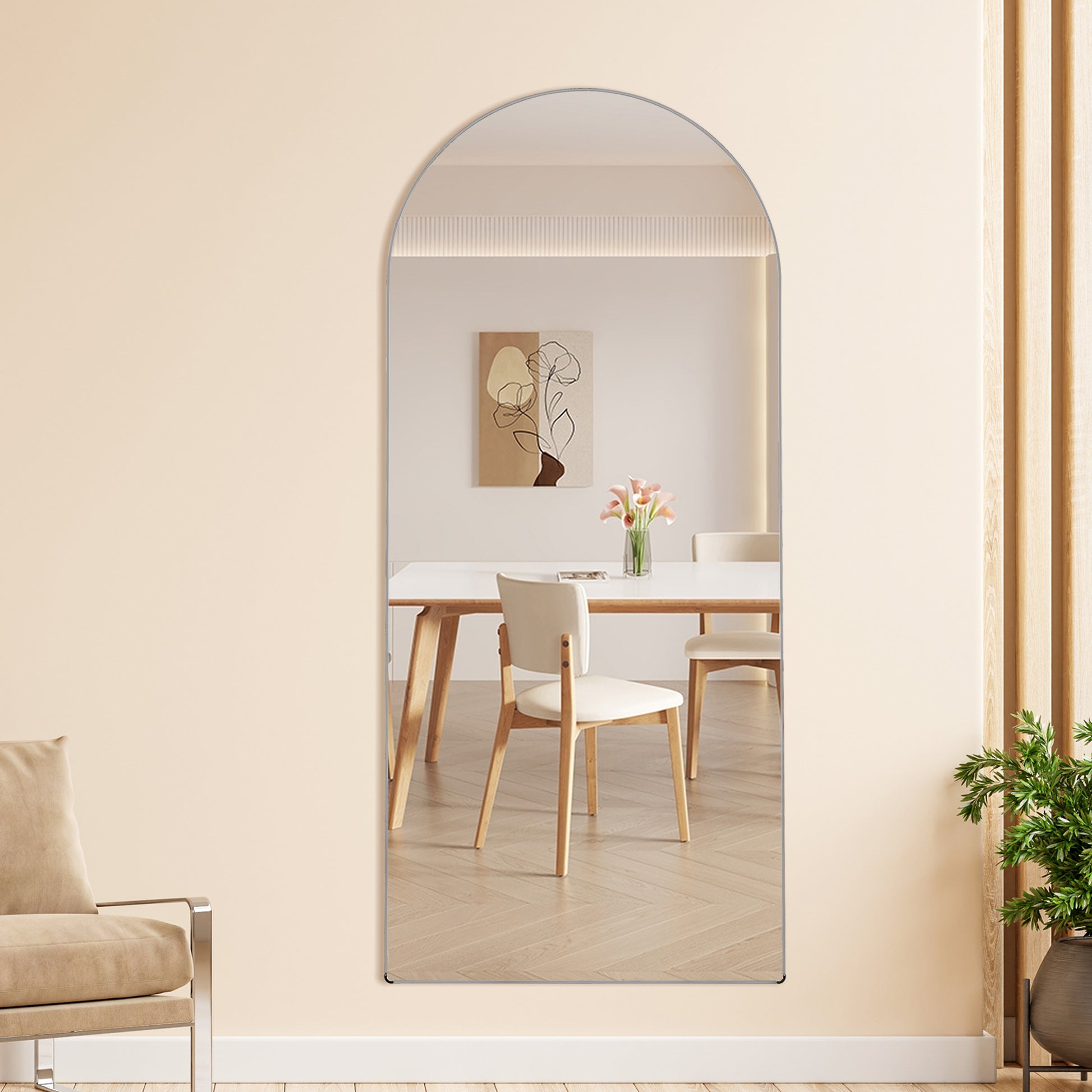 The 4Th Generation Floor Standing Full Length Rearview Mirror. Aluminum Alloy Metal Frame Arched Wall Mirror, Bathroom Makeup Mirror, Floor Standing Mirror With Bracket. Silver 71 "* 31"Am Sr Silver Glass