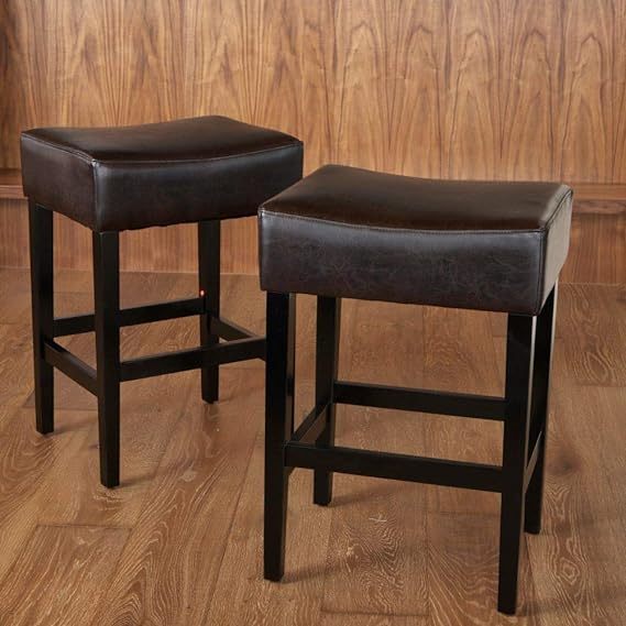 Set Of 2, 26.75" Backless Leather Counter Height Barstool Dark Brown Pu