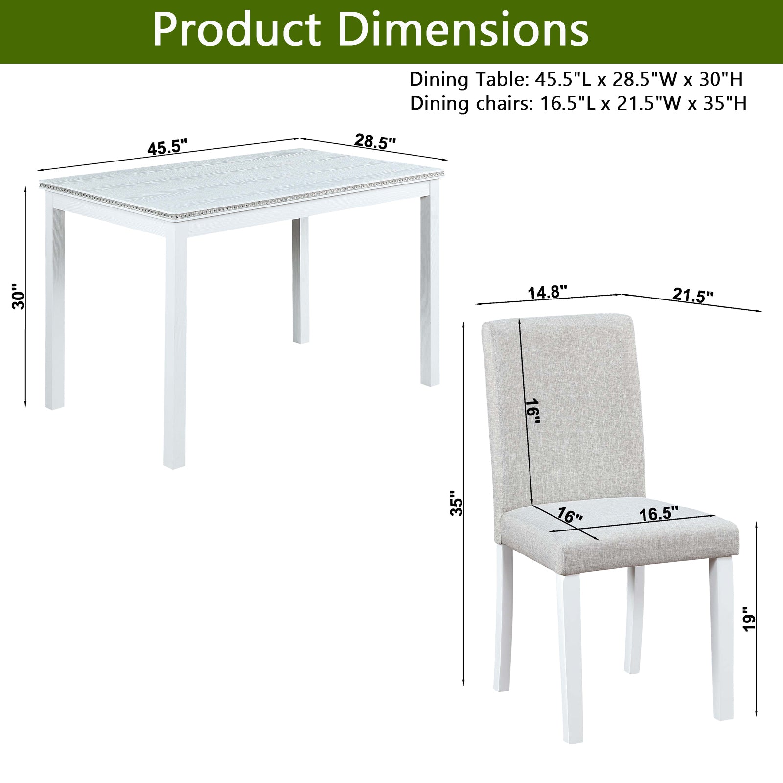 5 Piece Wooden Dining Table Set, Kitchen Table Set With A Rectangular Table And 4 Upholstered Chairs, Wooden Dining Room Table With Crystal Decoration And Chairs Set For Kitchen, Dining Room, White Beige White Seats 4 Dining Room 4 Leg Rectangular Solid