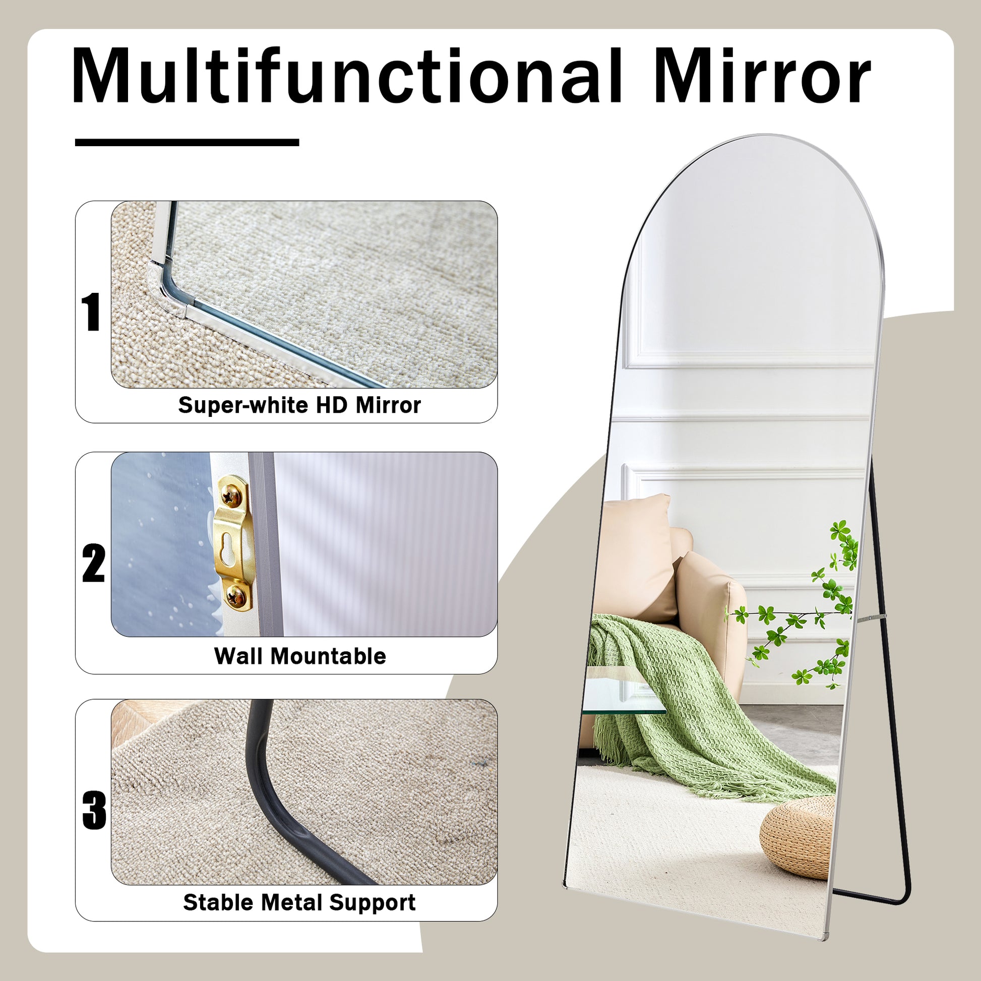 The 4Th Generation Floor Standing Full Length Rearview Mirror. Aluminum Alloy Metal Frame Arched Wall Mirror, Bathroom Makeup Mirror, Floor Standing Mirror With Bracket. Silver 71 "* 31"Am Sr Silver Glass