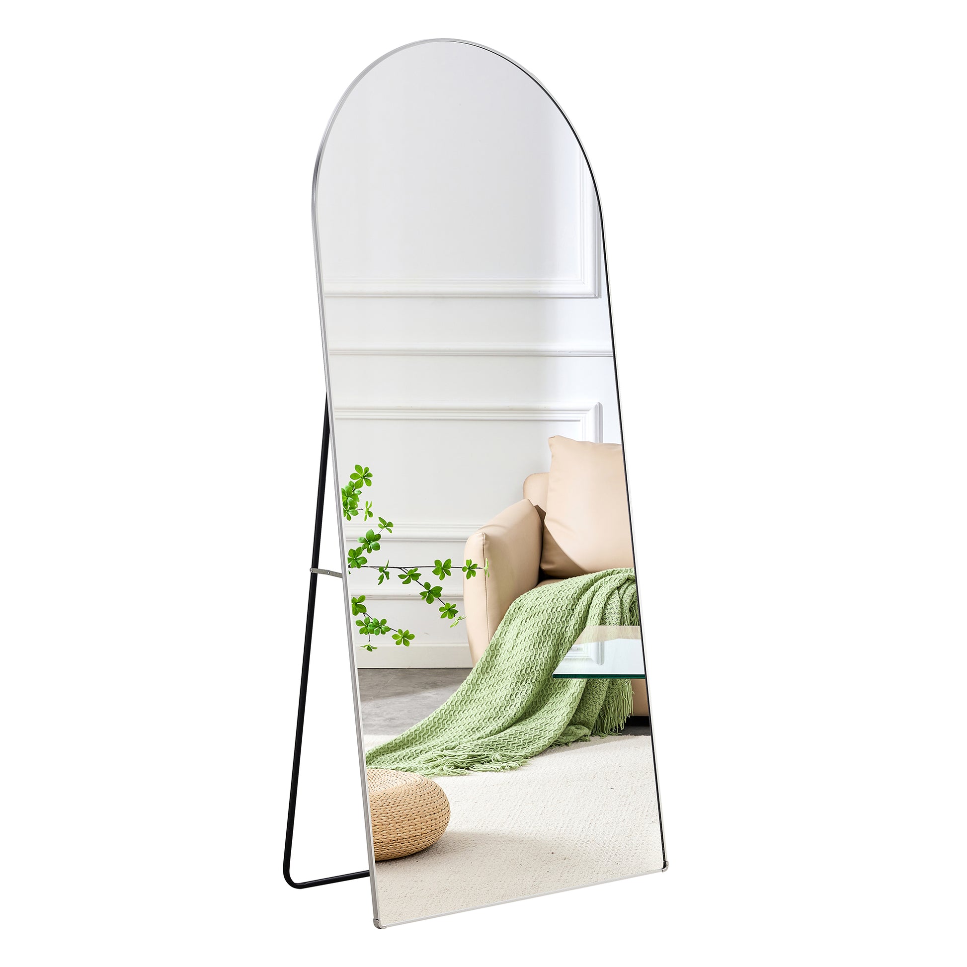 The 4Th Generation Floor Standing Full Length Rearview Mirror. Aluminum Alloy Metal Frame Arched Wall Mirror, Bathroom Makeup Mirror, Floor Standing Mirror With Bracket. Silver 71 "* 31"Am Sr Silver Glass