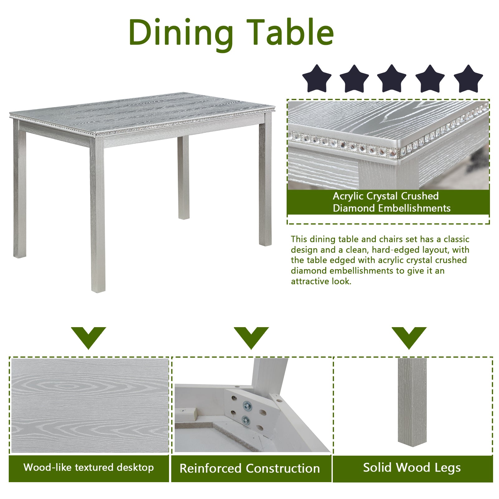 5 Piece Wooden Dining Table Set, Kitchen Table Set With A Rectangular Table And 4 Upholstered Chairs, Wooden Dining Room Table With Crystal Decoration And Chairs Set, Silver Grey Beige Silver Gray Seats 4 Dining Room Rectangular 4 Leg Rectangular Dining