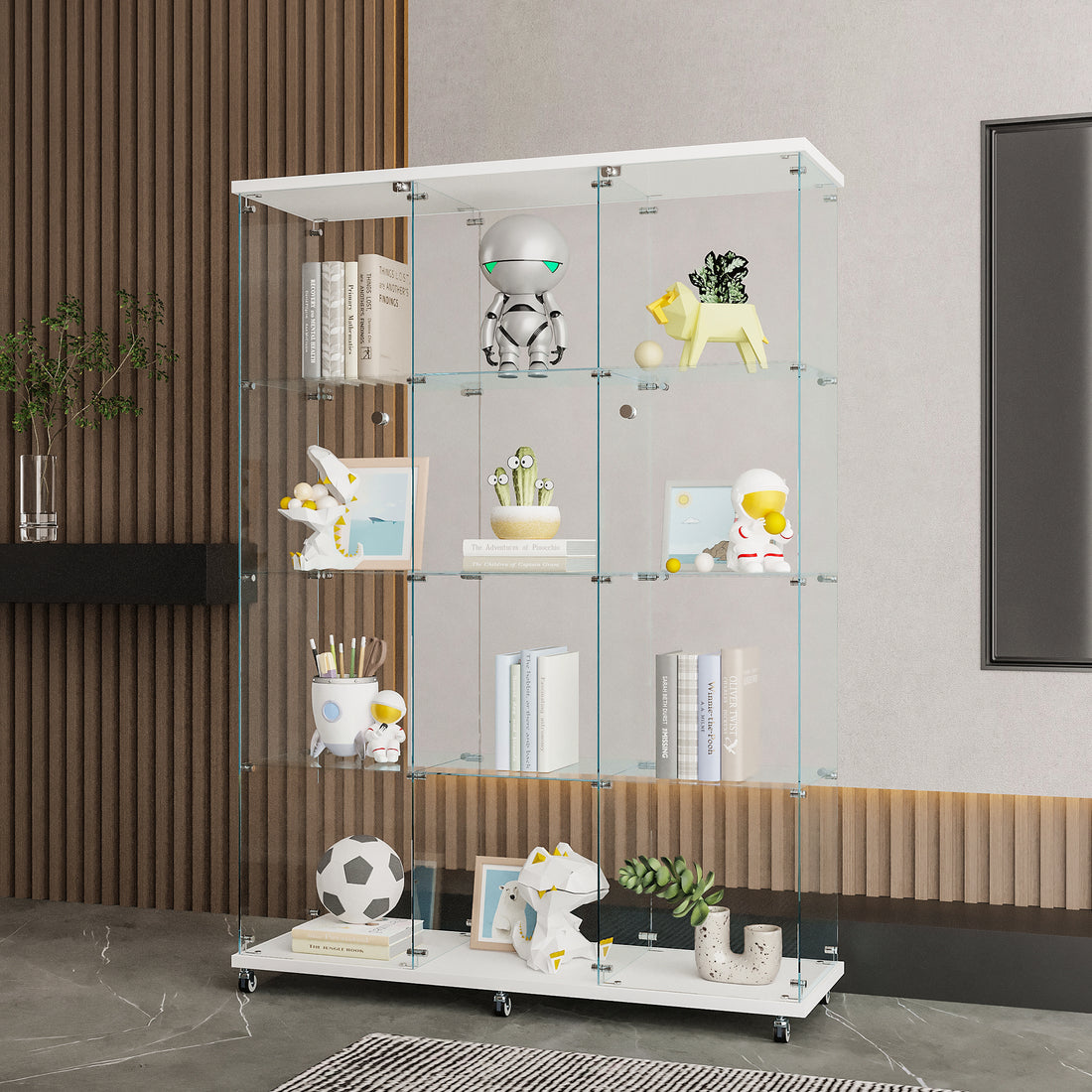 Glass Display Cabinet With 4 Shelves Extra Large, Curio Cabinets For Living Room, Bedroom, Office, Black Floor Standing Glass Bookshelf, Quick Installation White Glass