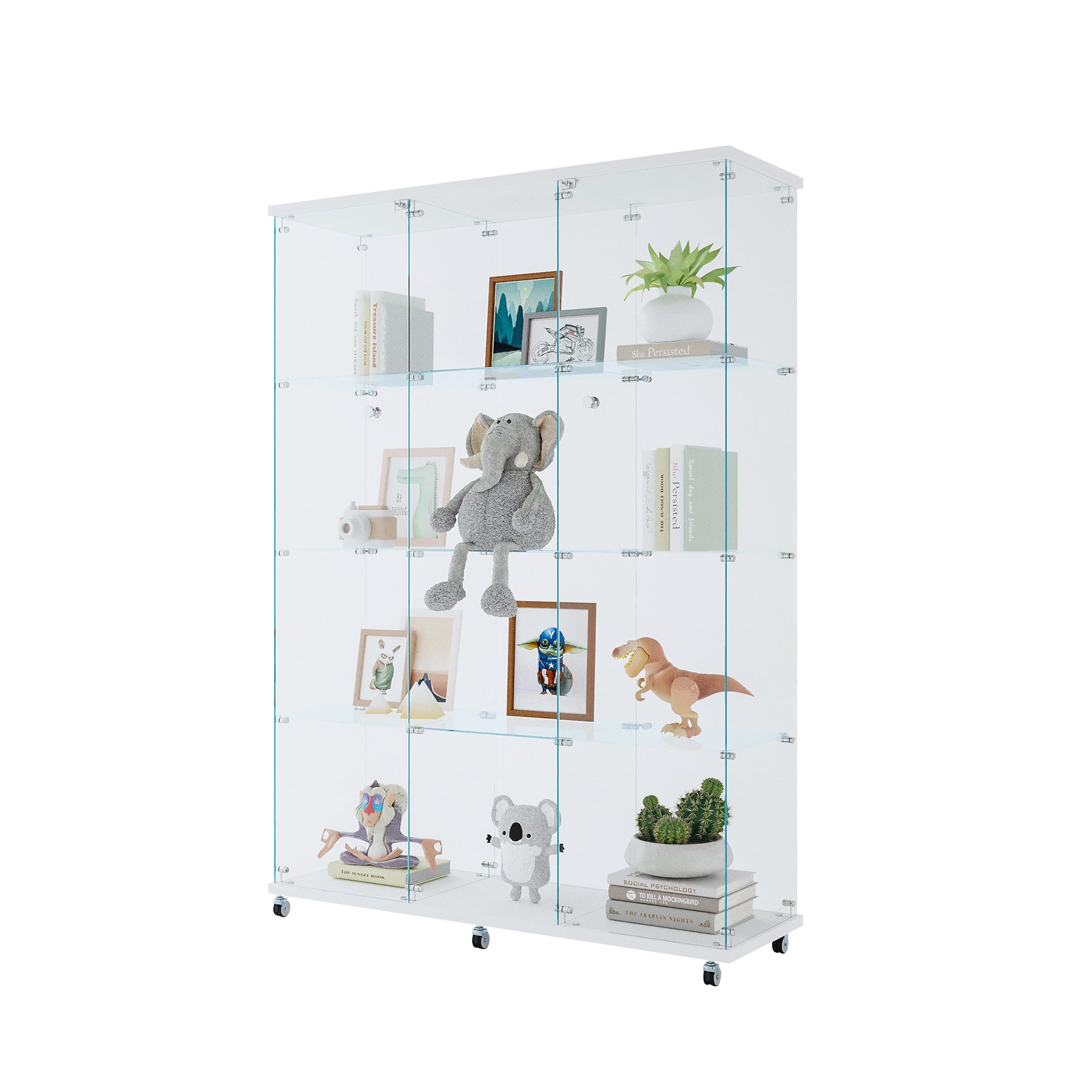 Glass Display Cabinet With 4 Shelves Extra Large, Curio Cabinets For Living Room, Bedroom, Office, Black Floor Standing Glass Bookshelf, Quick Installation White Glass