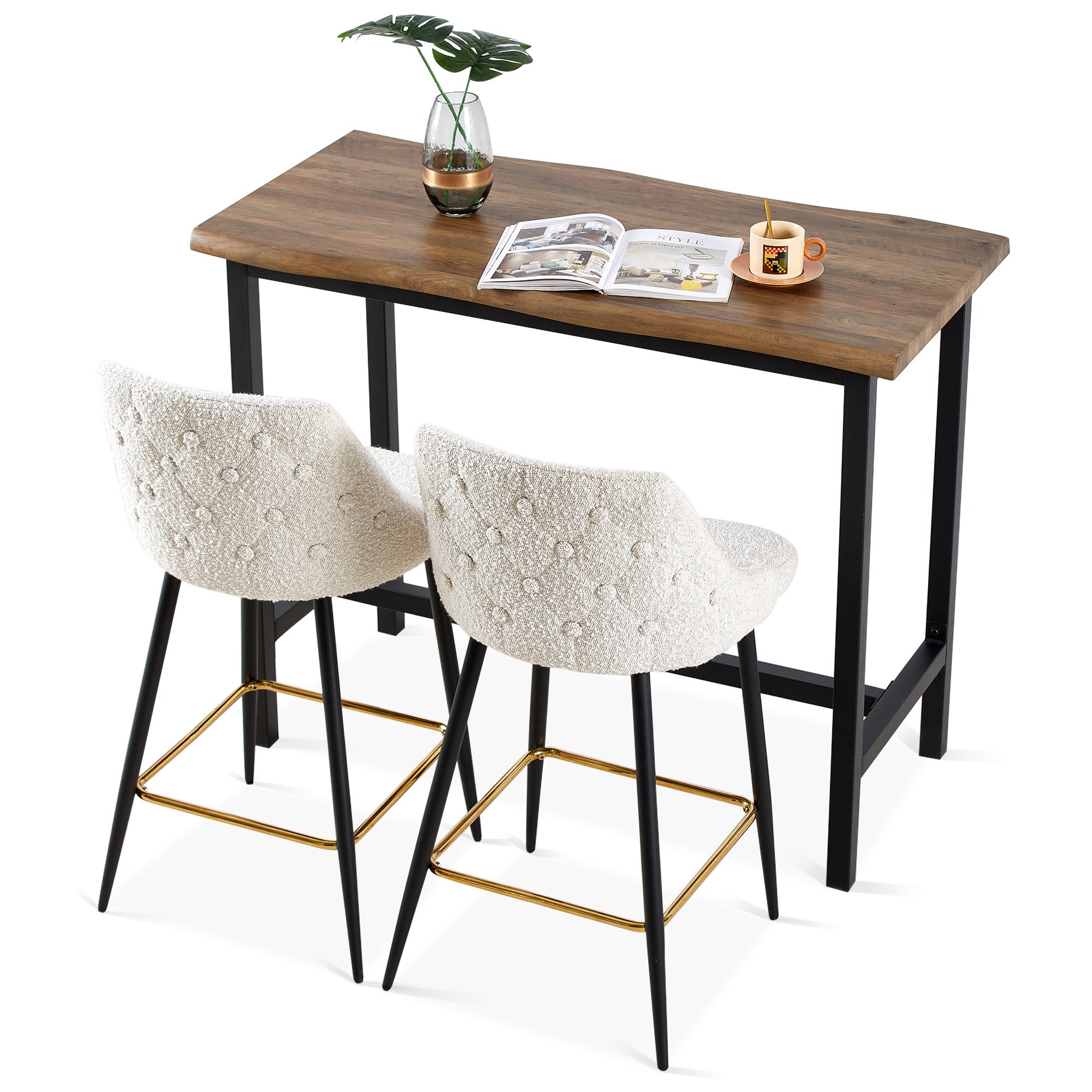 Beige Swivel Bar Chair Bar Stool And Metal Modern High Bar Furniture Set Of 2 Beige Primary Living Space Modern Boucle