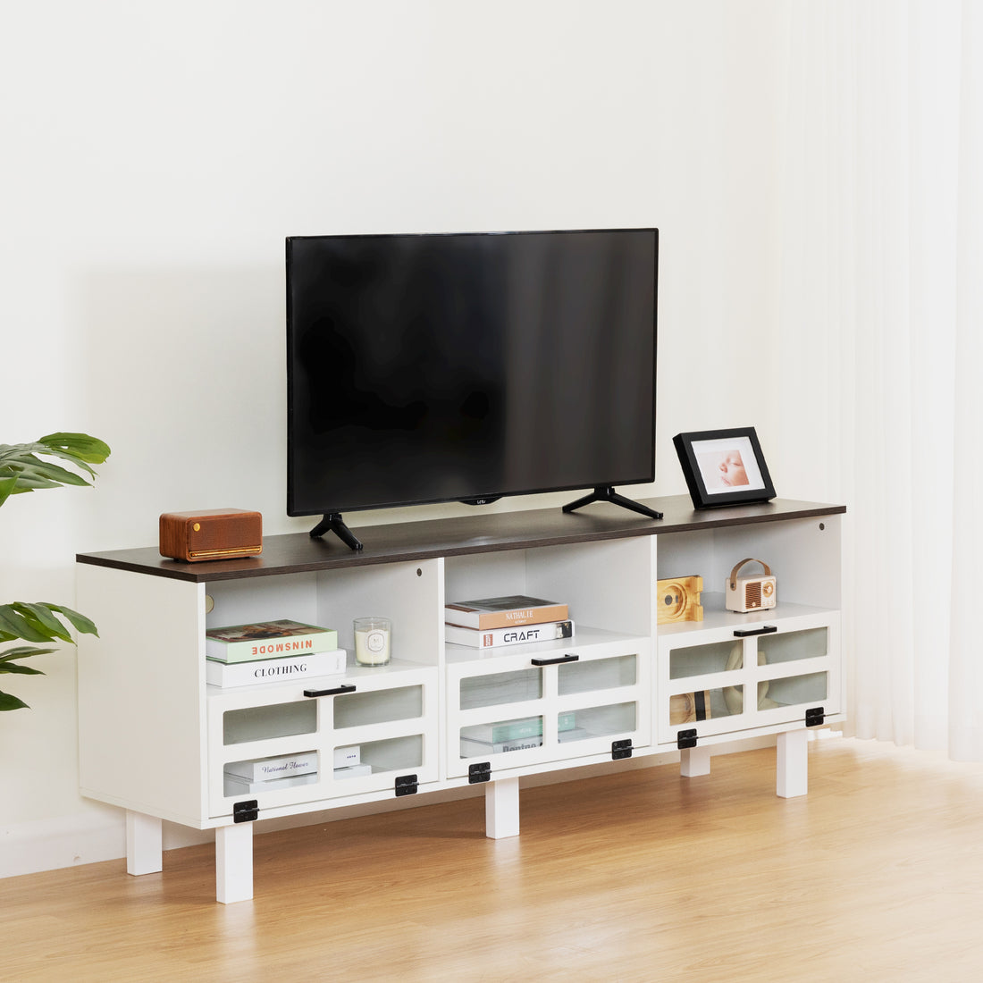 Tv Stand,Tv Cabinet,American Country Style Tv Lockers,The Toughened Glass Door Panel,Metal Handles,Birch Legs,Turn Down The Drawer,Can Be Placed In Lounge Room,Living Room Or Bedroom,Color:White Gray White Gray Primary Living Space 60 69 Inches 60 69