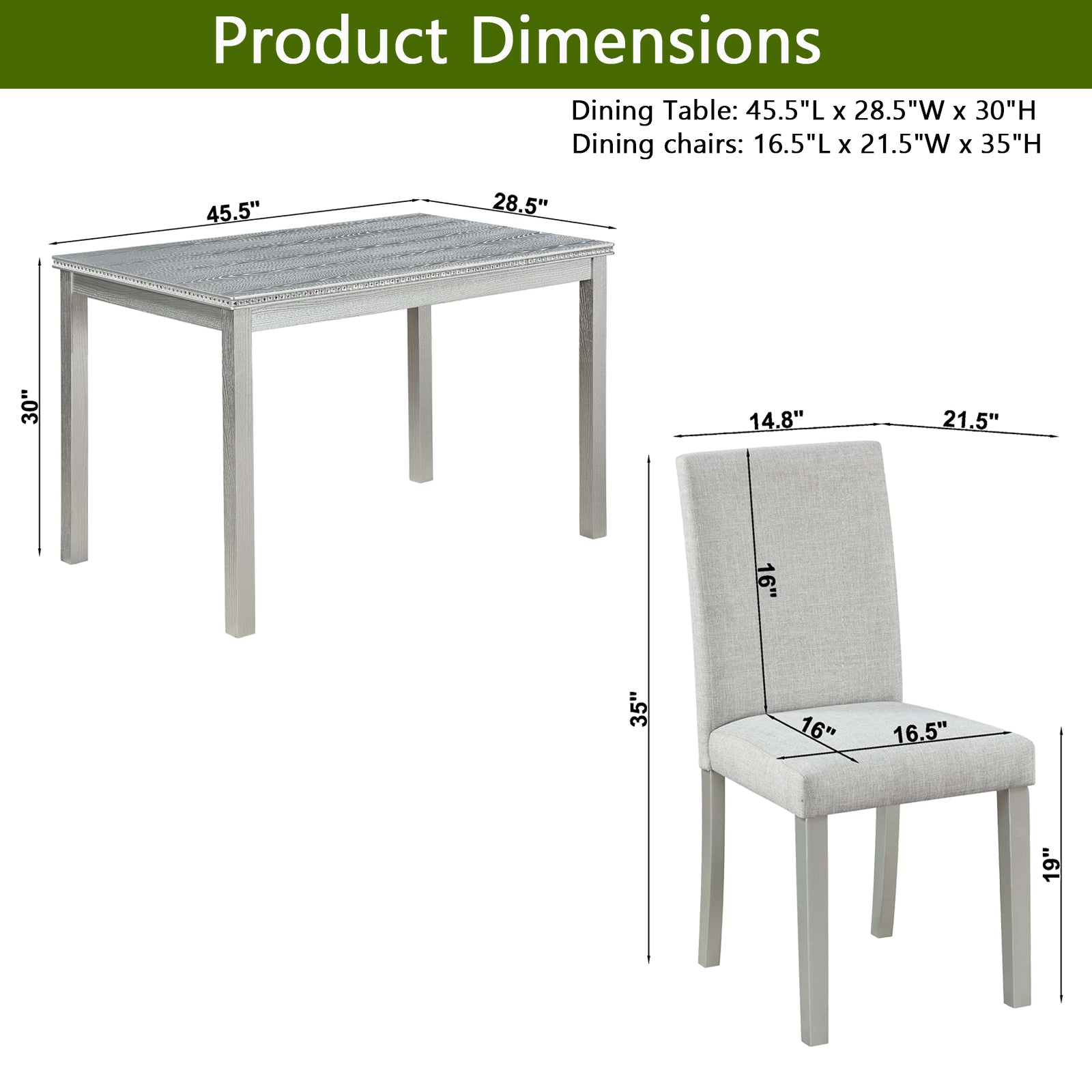 5 Piece Wooden Dining Table Set, Kitchen Table Set With A Rectangular Table And 4 Upholstered Chairs, Wooden Dining Room Table With Crystal Decoration And Chairs Set, Silver Grey Beige Silver Gray Seats 4 Dining Room Rectangular 4 Leg Rectangular Dining