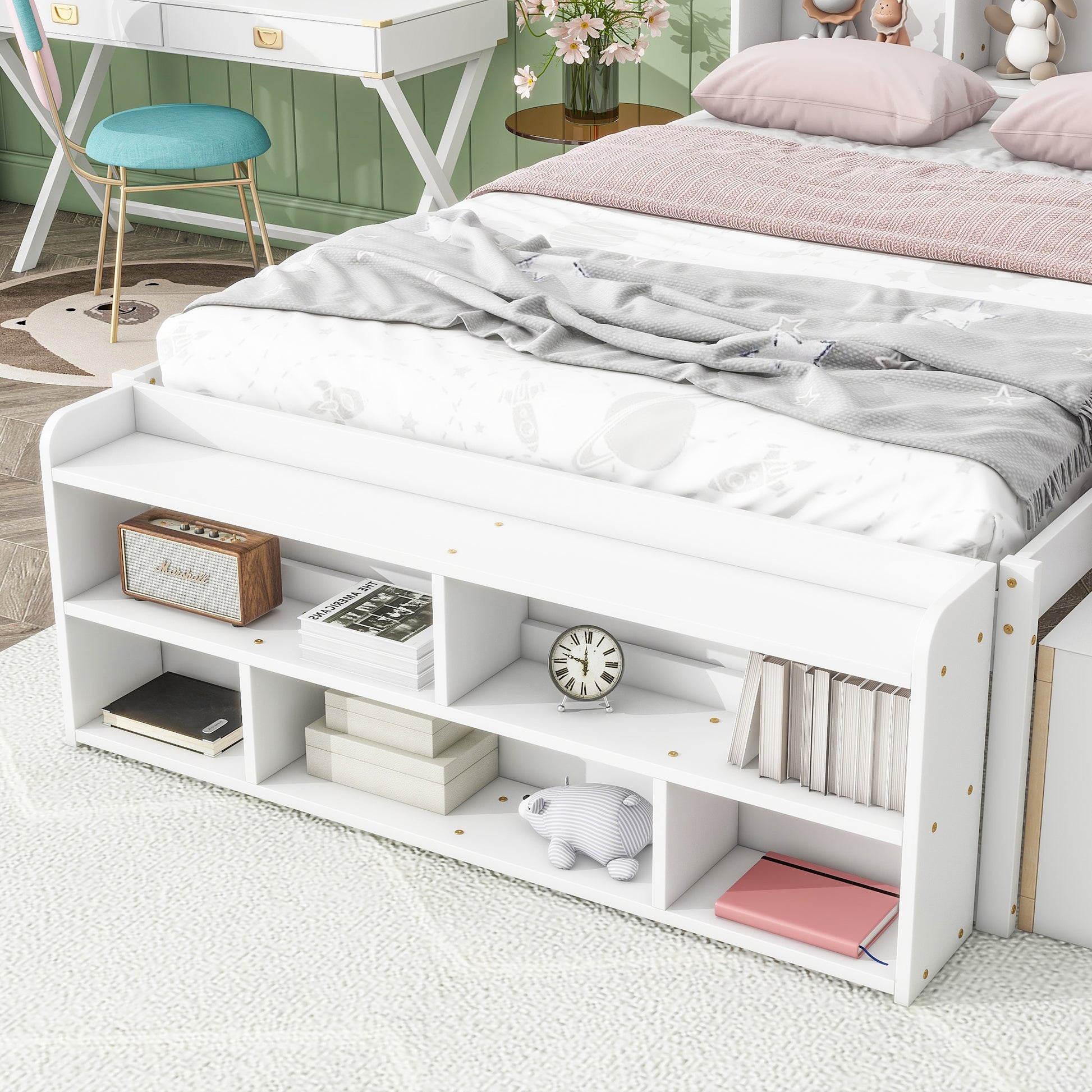 Full Bed With Bookcase Headboard, Under Bed Storage Drawers And Bed End Storage Case,White Full White American Design Pine