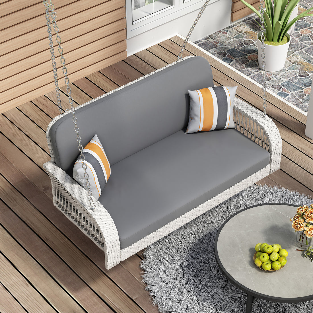 Pe Wicker Porch Swing, 2 Seater Hanging Bench With Chains, Patio Furniture Swing For Backyard Garden Poolside, White And Gray Grey White Foam Wicker