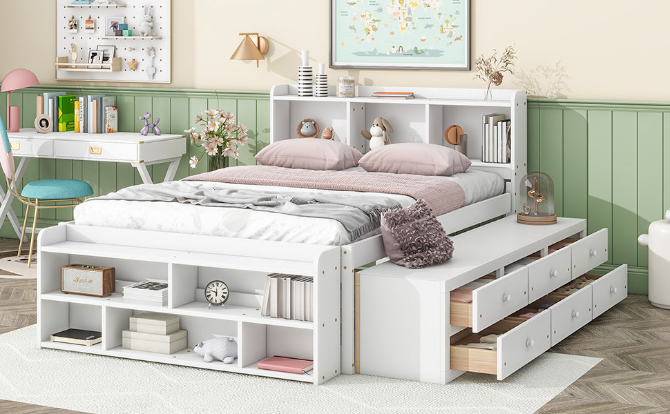 Full Bed With Bookcase Headboard, Under Bed Storage Drawers And Bed End Storage Case,White Full White American Design Pine