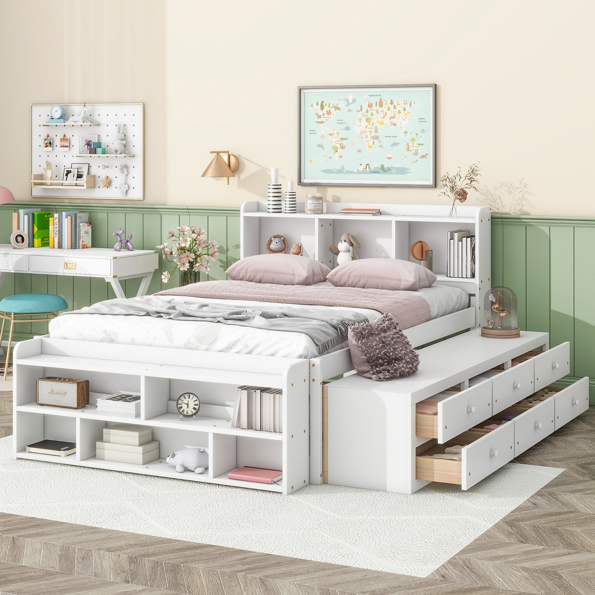 Full Bed With Bookcase Headboard, Under Bed Storage Drawers And Bed End Storage Case,White Full White American Design Pine