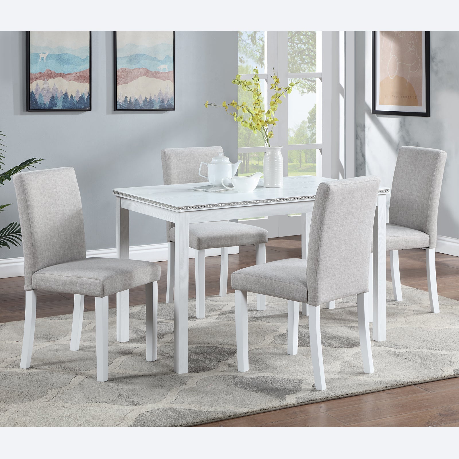 5 Piece Wooden Dining Table Set, Kitchen Table Set With A Rectangular Table And 4 Upholstered Chairs, Wooden Dining Room Table With Crystal Decoration And Chairs Set For Kitchen, Dining Room, White Beige White Seats 4 Dining Room 4 Leg Rectangular Solid