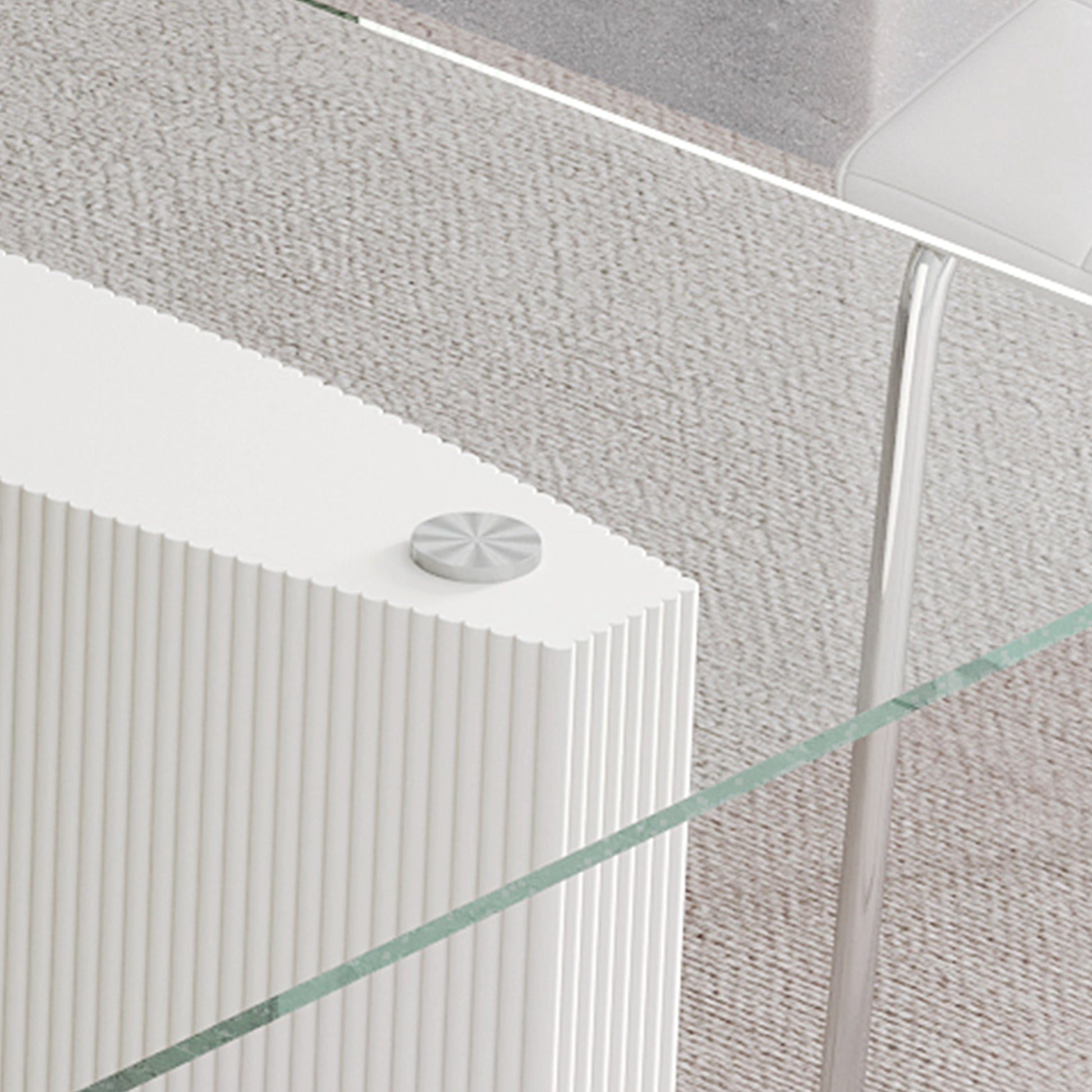 0.39" Thick Tempered Glass Top Dining Table With White Lacquer Double Mdf Pillar Transparent Mdf Glass