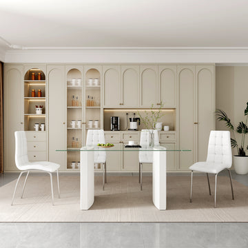 0.39" Thick Tempered Glass Top Dining Table With White Lacquer Double Mdf Pillar Transparent Mdf Glass