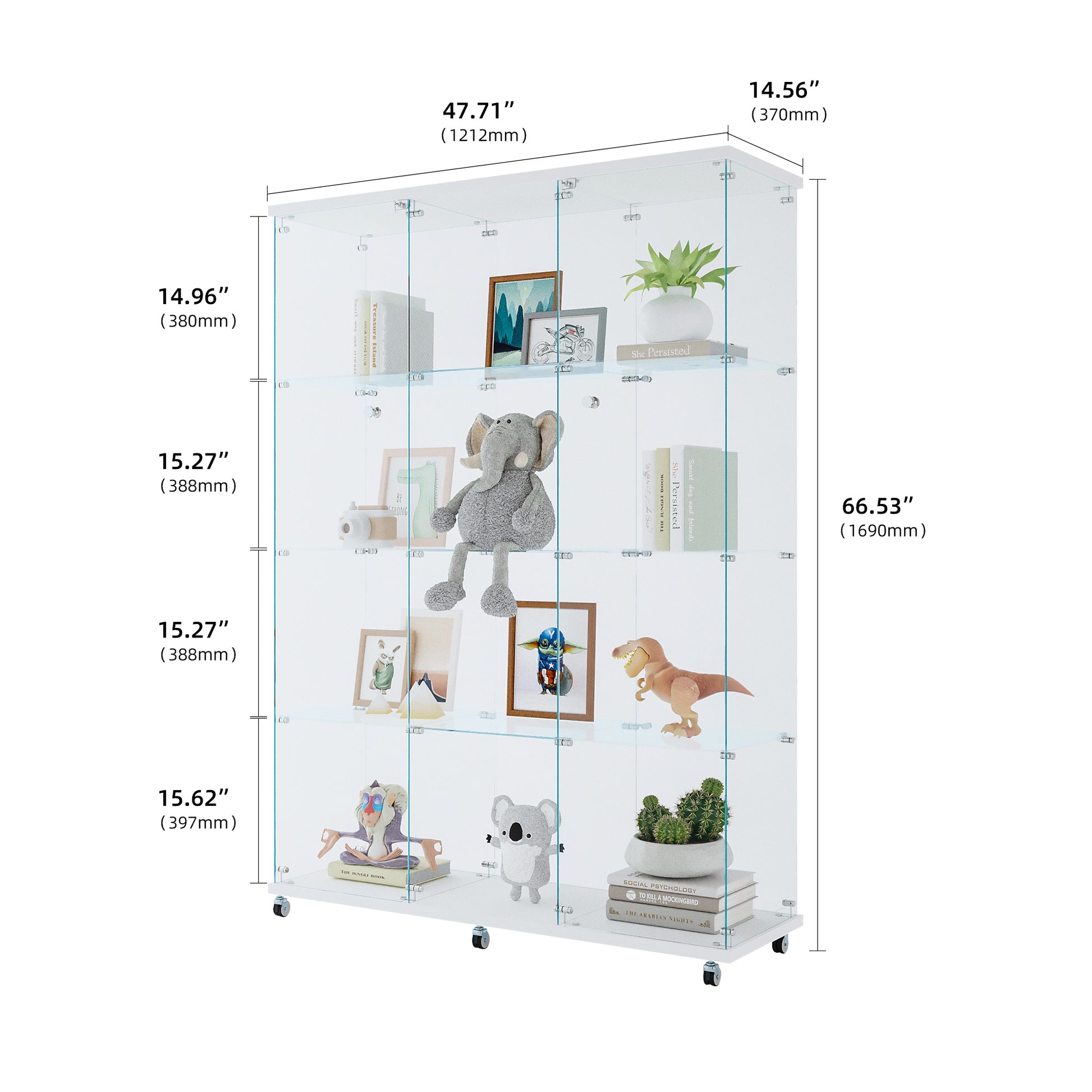 Glass Display Cabinet With 4 Shelves Extra Large, Curio Cabinets For Living Room, Bedroom, Office, Black Floor Standing Glass Bookshelf, Quick Installation White Glass