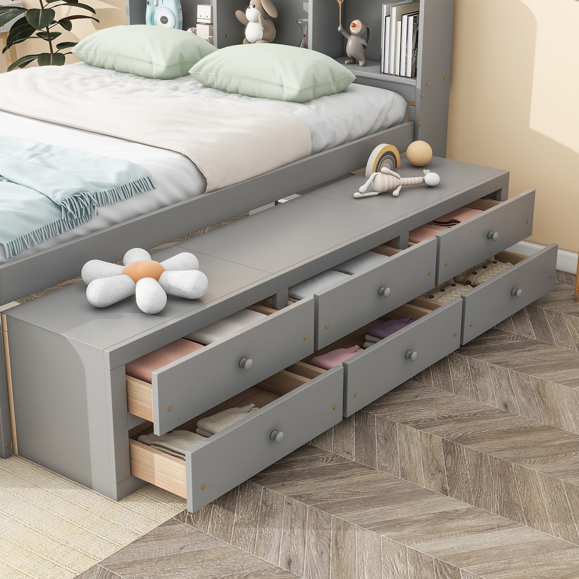 Full Bed With Bookcase Headboard, Under Bed Storage Drawers And Bed End Storage Case,Grey Full Grey American Design Pine