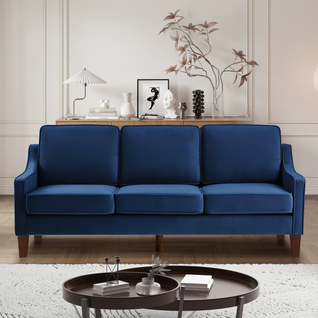 Modern 3 Person Seat Sofa Couch With Scooped Armrest Wood Legs,Upholstered Velvet 3 Seat Sofa With Removable Cushions For Livingrooom Bedroom,Navy Navy Espresso Velvet Wood Primary Living Space Medium Soft Cushion Back American Design Rubberwood Square