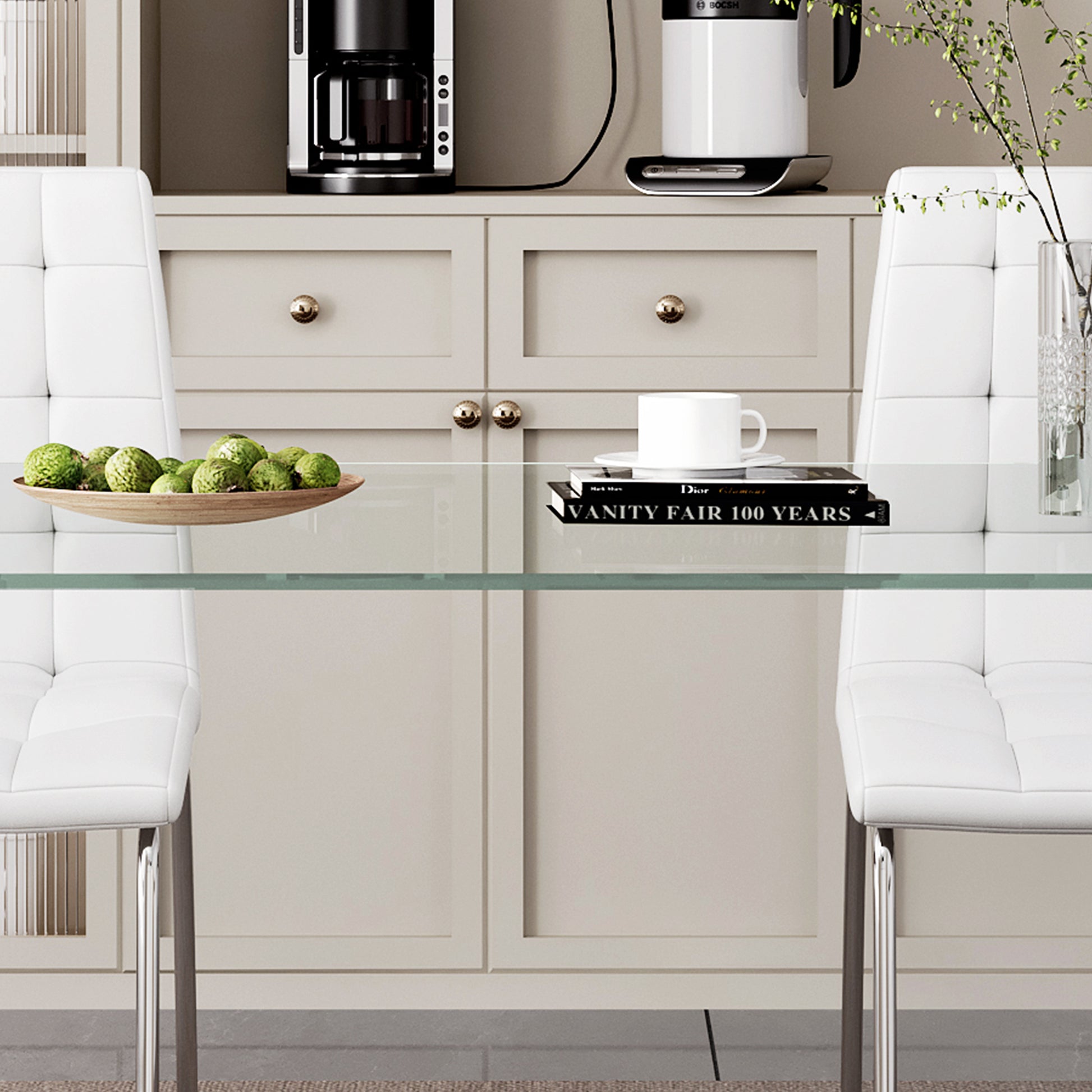 0.39" Thick Tempered Glass Top Dining Table With White Lacquer Double Mdf Pillar Transparent Mdf Glass