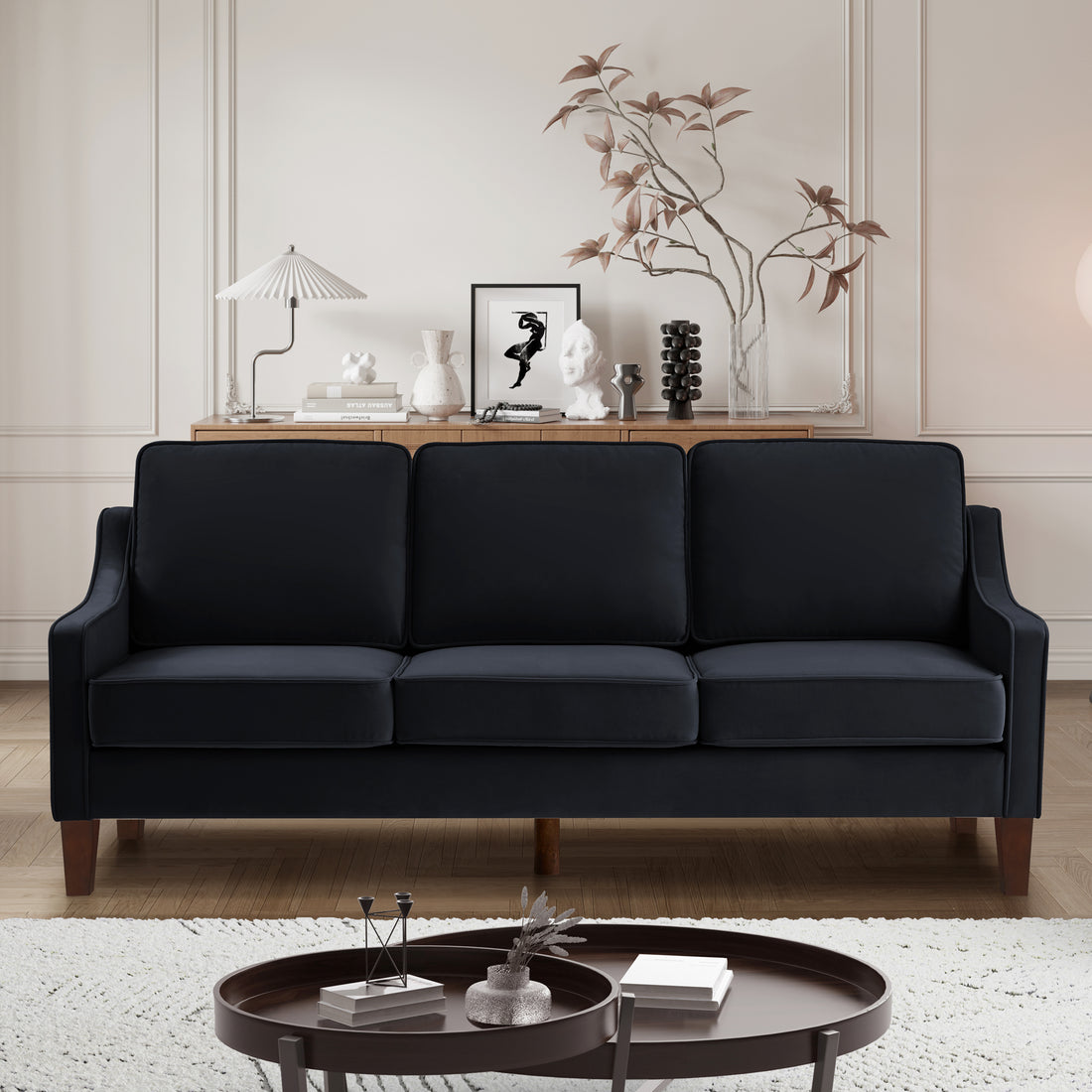Modern 3 Person Seat Sofa Couch With Scooped Armrest Wood Legs,Upholstered Velvet 3 Seat Sofa With Removable Cushions For Livingroom Bedroom,Black Black Espresso Velvet Wood Primary Living Space Medium Soft Cushion Back American Design Rubberwood Square