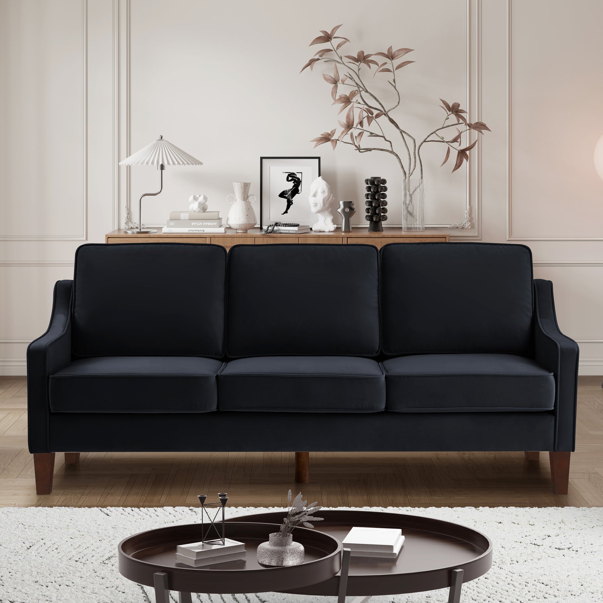 Modern 3 Person Seat Sofa Couch With Scooped Armrest Wood Legs,Upholstered Velvet 3 Seat Sofa With Removable Cushions For Livingroom Bedroom,Black Black Espresso Velvet Wood Primary Living Space Medium Soft Cushion Back American Design Rubberwood Square
