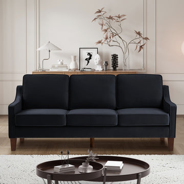 Modern 3 Person Seat Sofa Couch With Scooped Armrest Wood Legs,Upholstered Velvet 3 Seat Sofa With Removable Cushions For Livingroom Bedroom,Black Black Espresso Velvet Wood Primary Living Space Medium Soft Cushion Back American Design Rubberwood Square