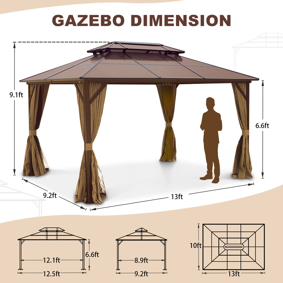 10X13Ft Patio Gazebo With Netting & Curtains, Brown Brown Rectangular Garden & Outdoor Uv Resistant Gazebos Anchored Aluminium Alloy