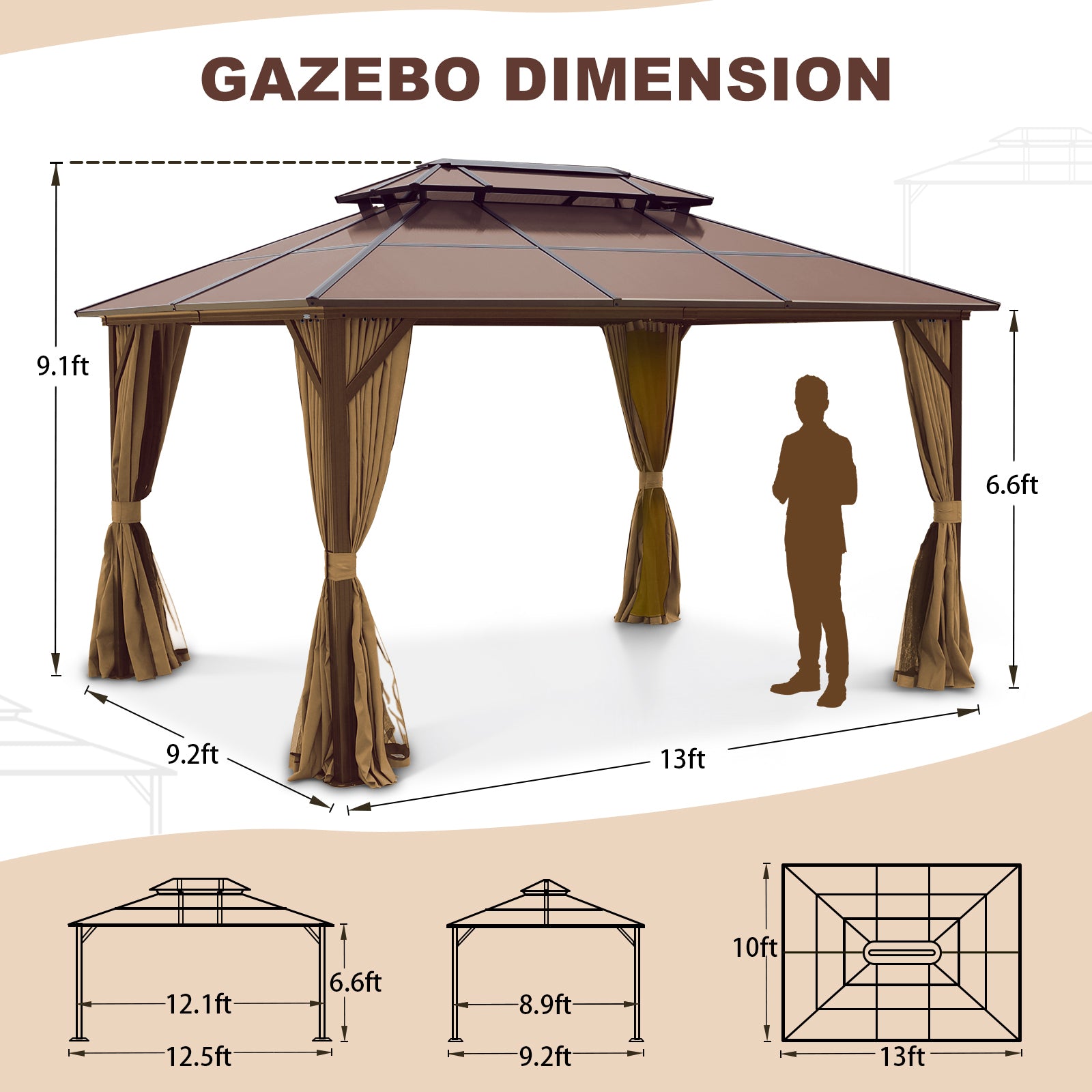 10X13Ft Patio Gazebo With Netting & Curtains, Brown Brown Rectangular Garden & Outdoor Uv Resistant Gazebos Anchored Aluminium Alloy