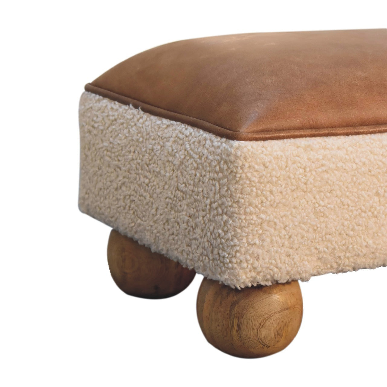 Tan Leather Boucle Ball Footstool Tan Leather Wood Fabric