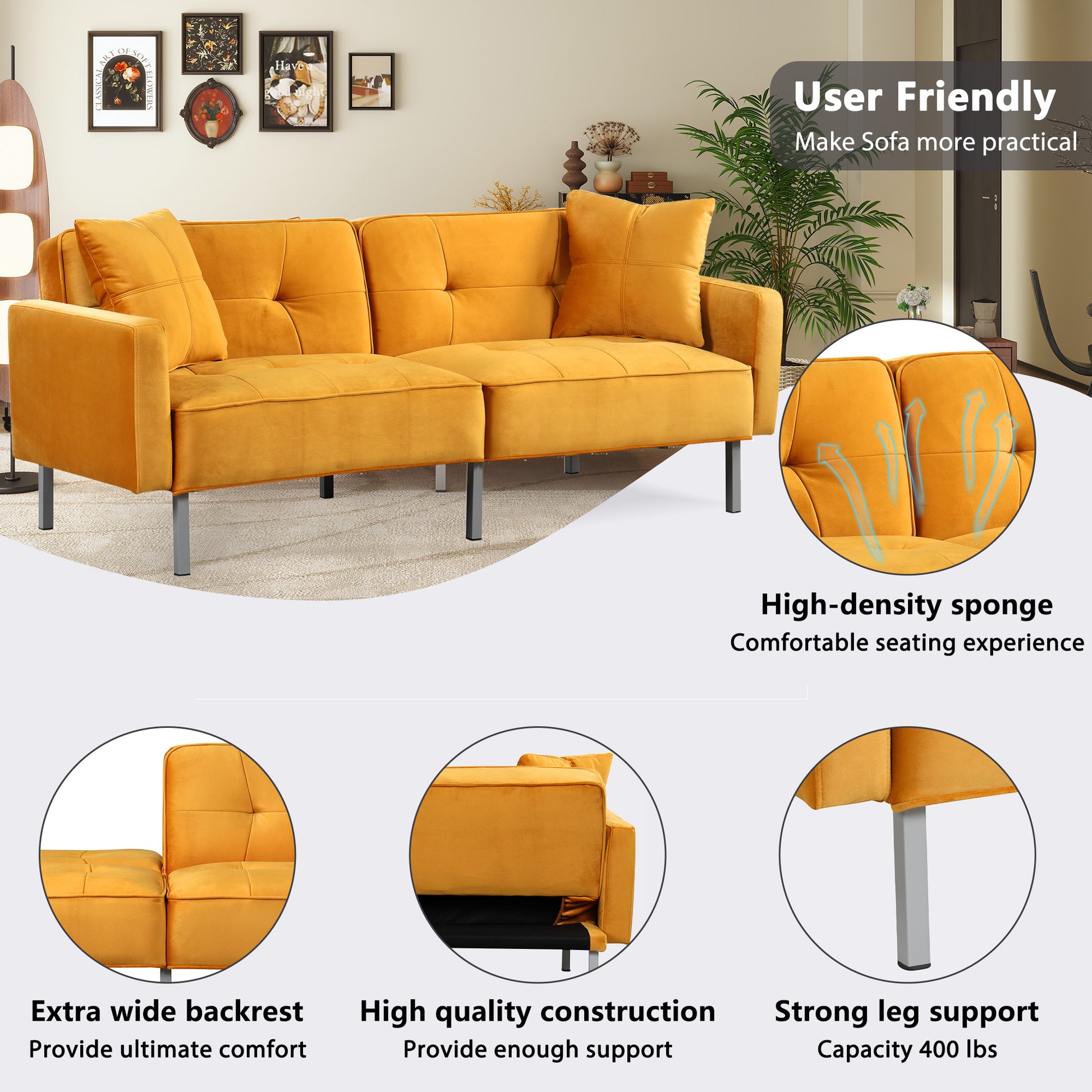 Orisfur. Linen Upholstered Modern Convertible Folding Futon Sofa Bed For Compact Living Space, Apartment, Dorm, Yellow Yellow Foam Linen