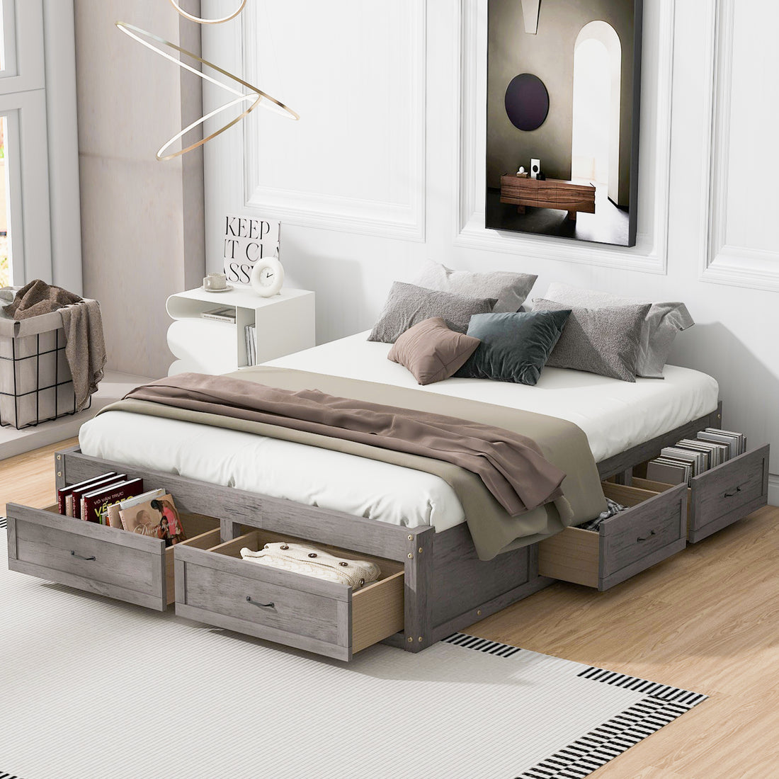 Queen Size Platform Bed With 6 Storage Drawers,Antique Gray Antique Gray Mdf Lvl