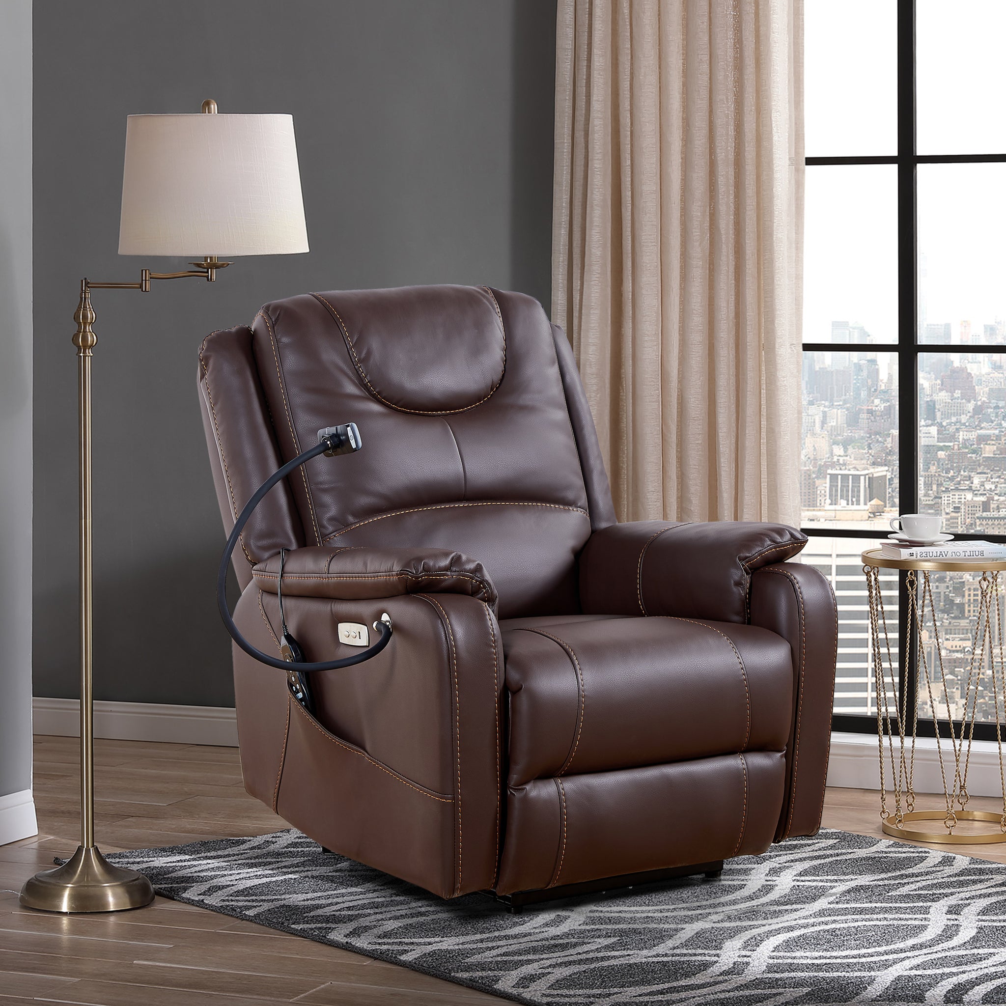 Liyasi Zero Gravity Power Recliner With Comfortable Lying Degree, Massage, Heating And Phone Holder, Side Pockets, Usb Charge Ports, Enjoy Extreme Relaxation Brown Power Remote Primary Living Space Medium Soft Eucalyptus Foam Bonded Leather