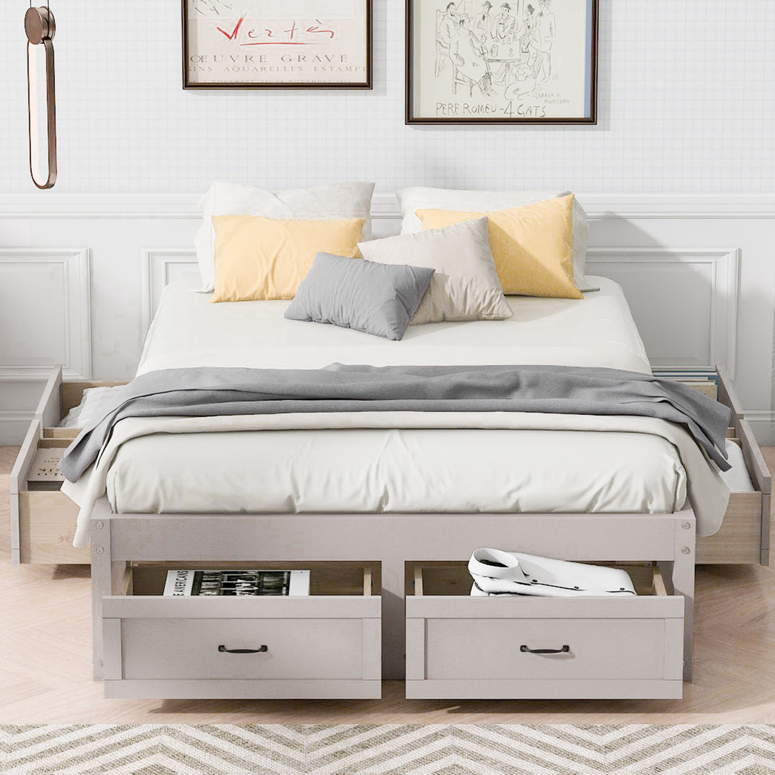 Full Size Platform Bed With 6 Storage Drawers,Antique White Antique White Mdf Lvl