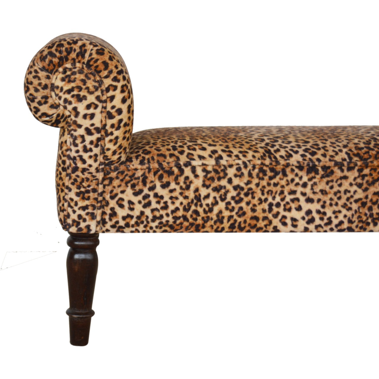 Leopard Print Velvet Bench Walnut Wood Fabric