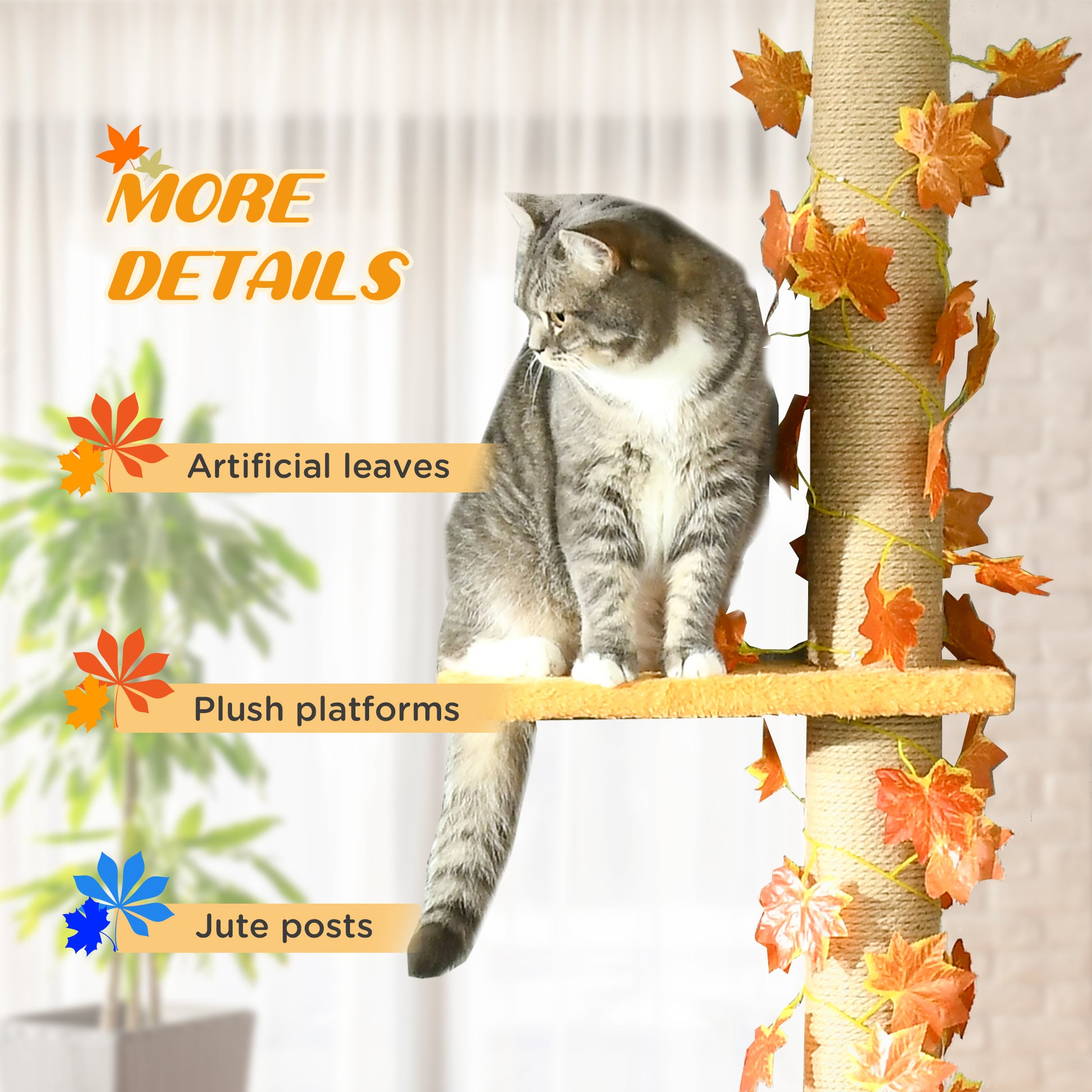 Pawhut Floor To Ceiling Cat Tree, 80" 95" Adjustable Tall Cat Tower, 3 Level Cat Climbing Towe For Indoor Cats With Sisal Scratching Post, Platforms, Leaves, Orange Orange Particle Board