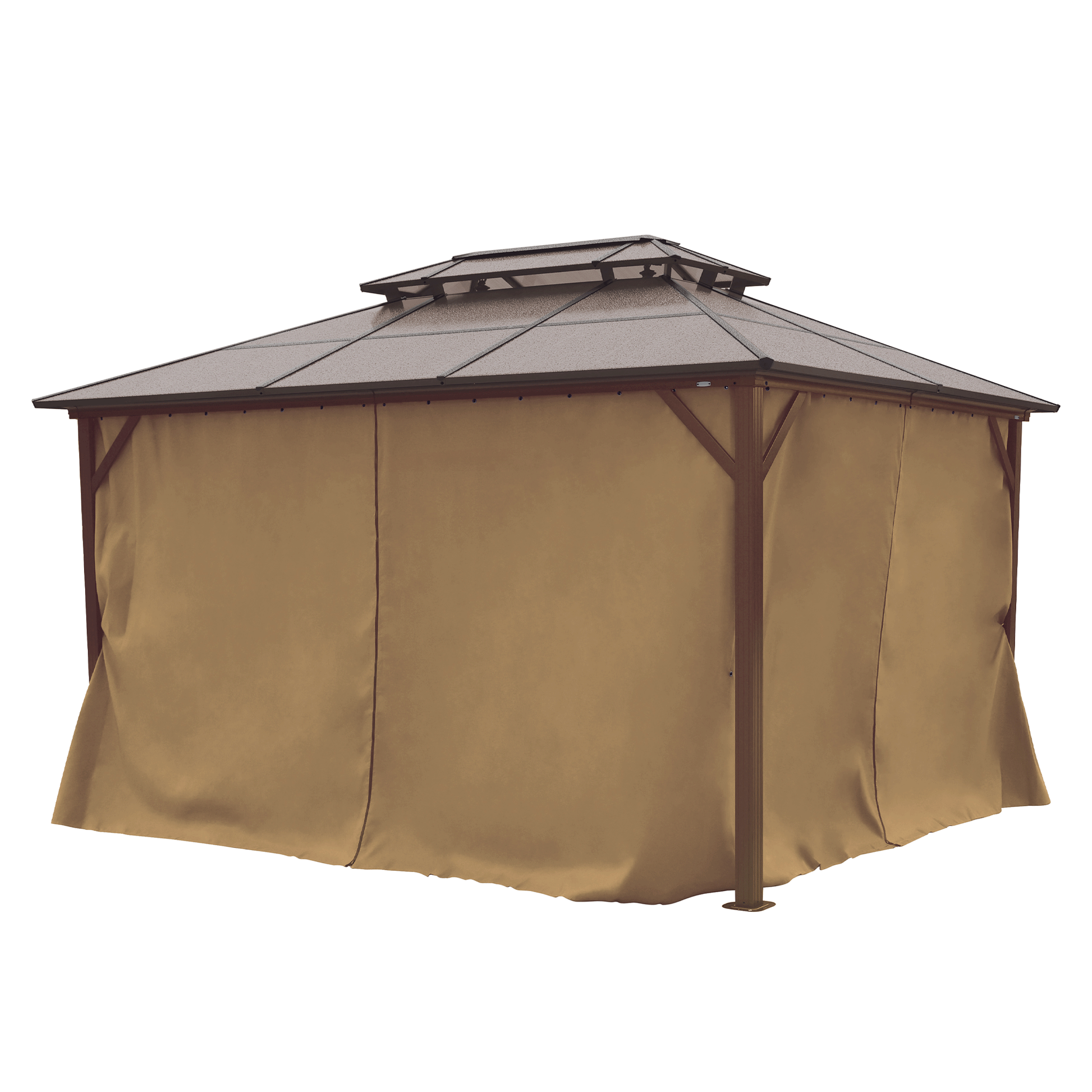 10X13Ft Patio Gazebo With Netting & Curtains, Brown Brown Rectangular Garden & Outdoor Uv Resistant Gazebos Anchored Aluminium Alloy