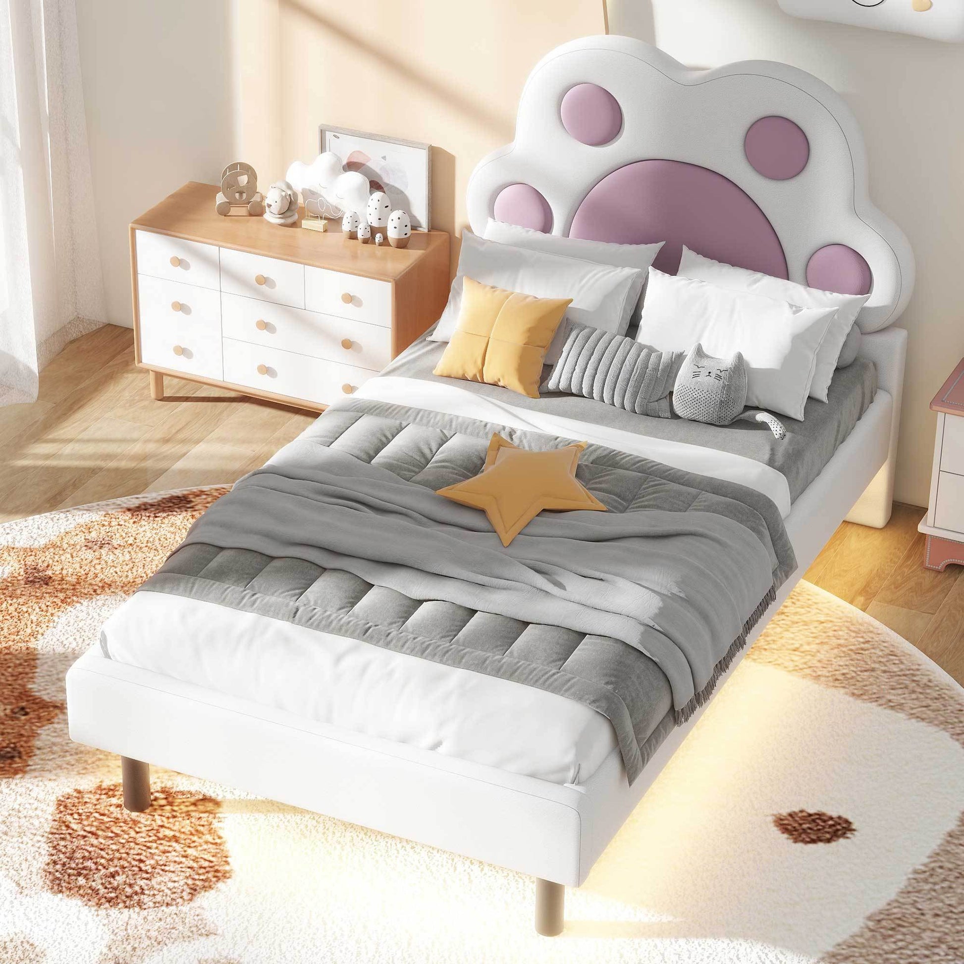 Twin Size Upholstered Platform Bed With Animal Paw Shaped Headboard And Led, Pink Box Spring Not Required Twin White Pink Wood Bedroom Solid Wood Mdf