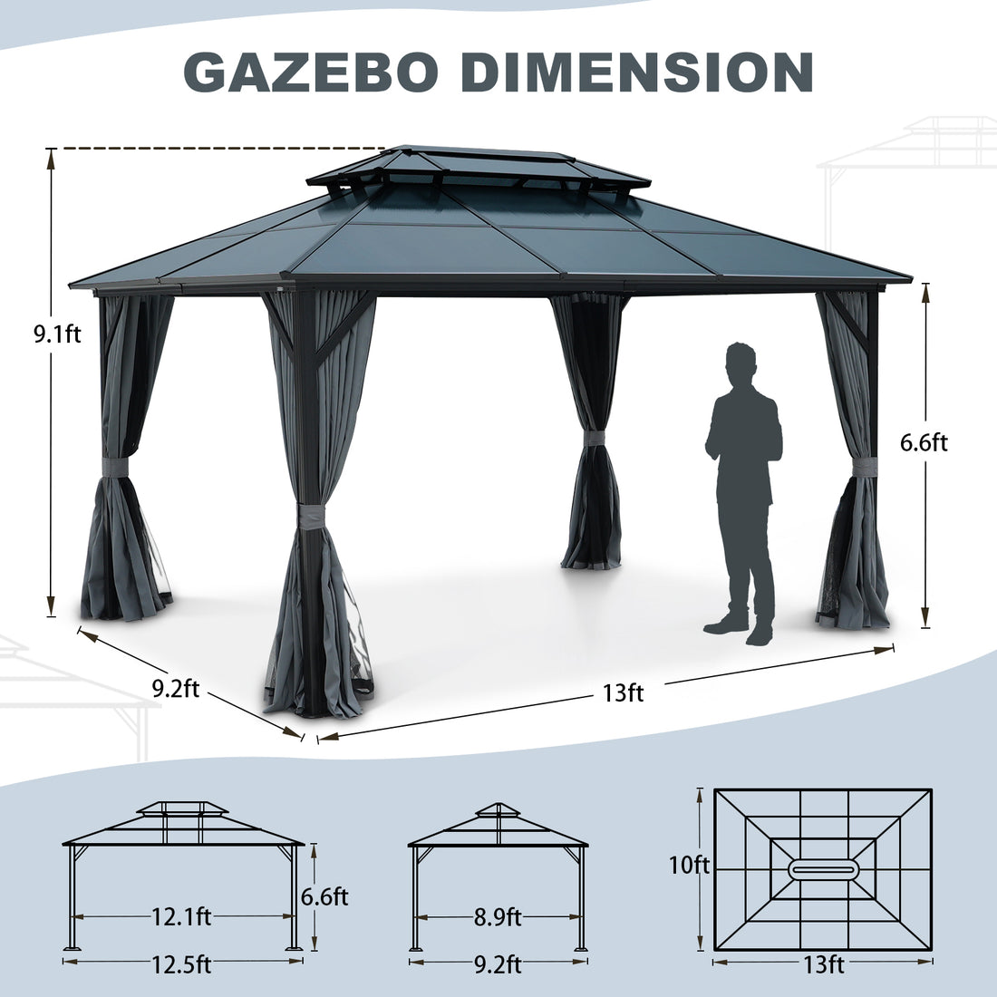 10X13Ft Patio Gazebo With Netting & Curtains, Black Black Gray Rectangular Garden & Outdoor Uv Resistant Gazebos Anchored Aluminium Alloy